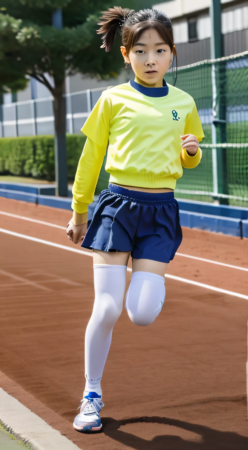 Elementary school, ((10 children)), schoolyard, ((having a sports day)), competing, running, in the schoolyard, sportswear, pants, wide-angle photo, ultra-high resolution