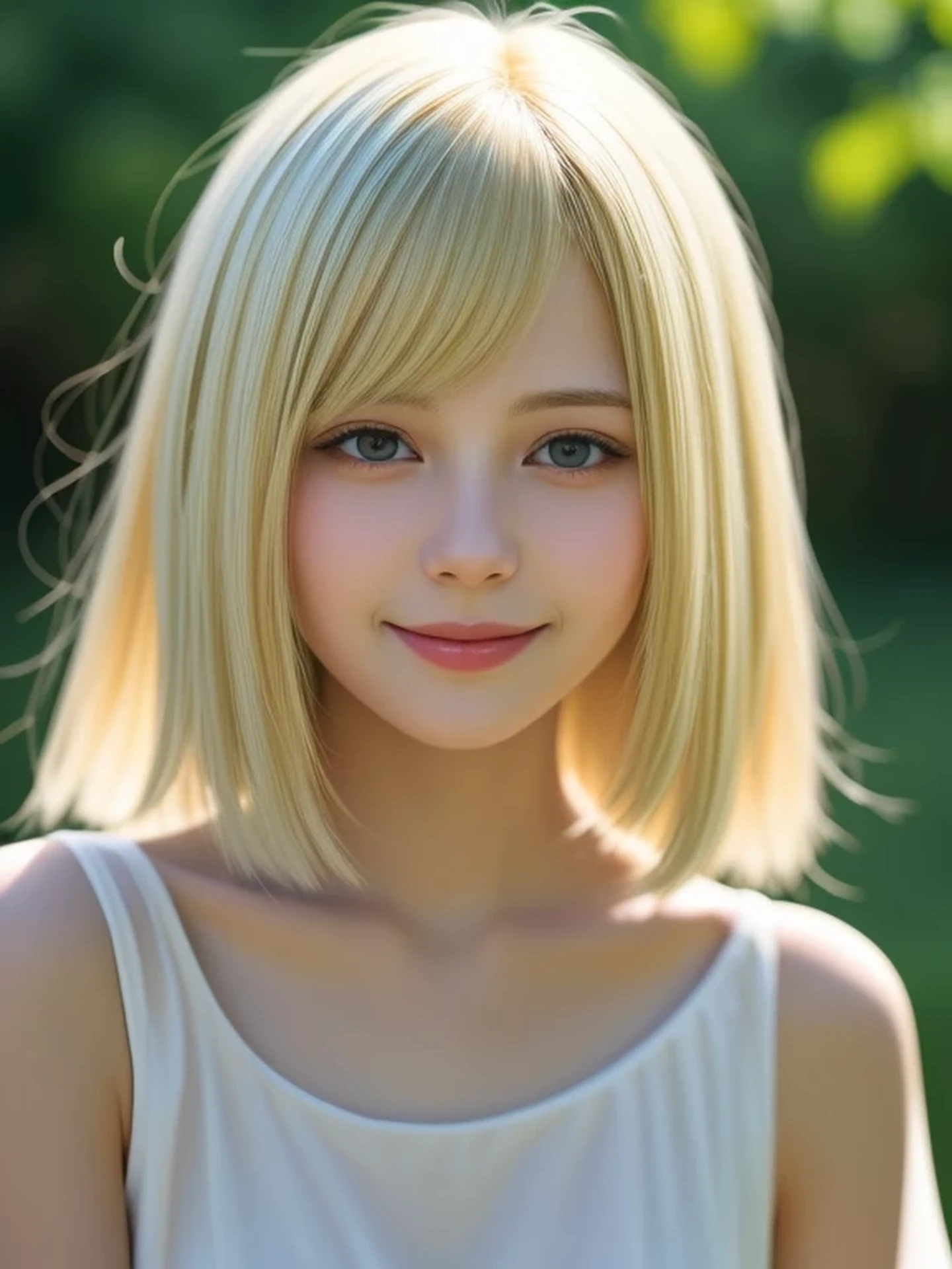 To the camera, Realistic digital painting of a woman portrait, Shy, Cute Smile, (short Hair:1.1), (Soft silky Blonde Hair:1.3), (Highly detailed skin:1.2), Mystical style, Global Illumination,