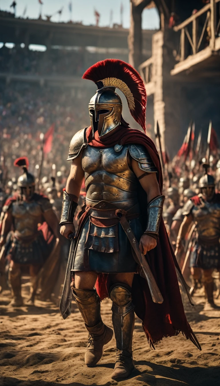 Cinematic style, Create a detailed image of the annual Spartan event, featuring a massive arena where the best Spartan warriors and the bravest Helot slaves prepare to battle to the death, background dark, hyper realistic, ultra detailed hyper realistic, photorealistic, Studio Lighting, reflections, dynamic pose, Cinematic, Color Grading, Photography, Shot on 50mm lens, Ultra-Wide Angle, Depth of Field, hyper-detailed, beautifully color, 8k