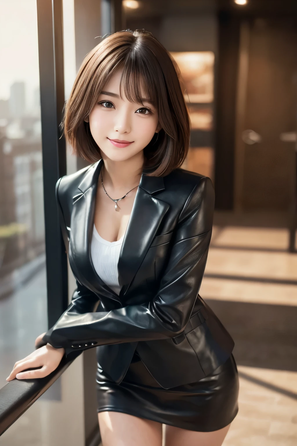 Leather business suit、Wearing a blazer（black）,Tight Skirt（black）、Realistic leather texture,(Detailed clothing features),  RAW Photos, (8k、highest quality、masterpiece:1.2)、(Photorealistic:1.4)、 Vivid details, Realistic skin texture,short hair