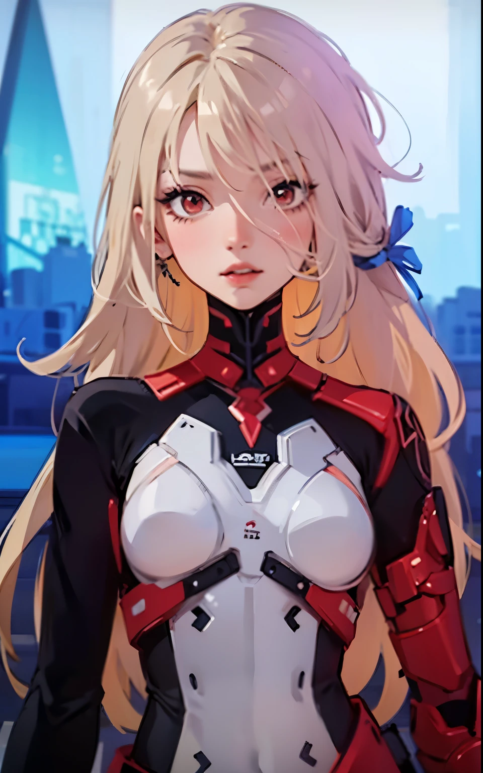 Anime game android body, blonde long hair, red eyes, white base with red and black design, standing picture,