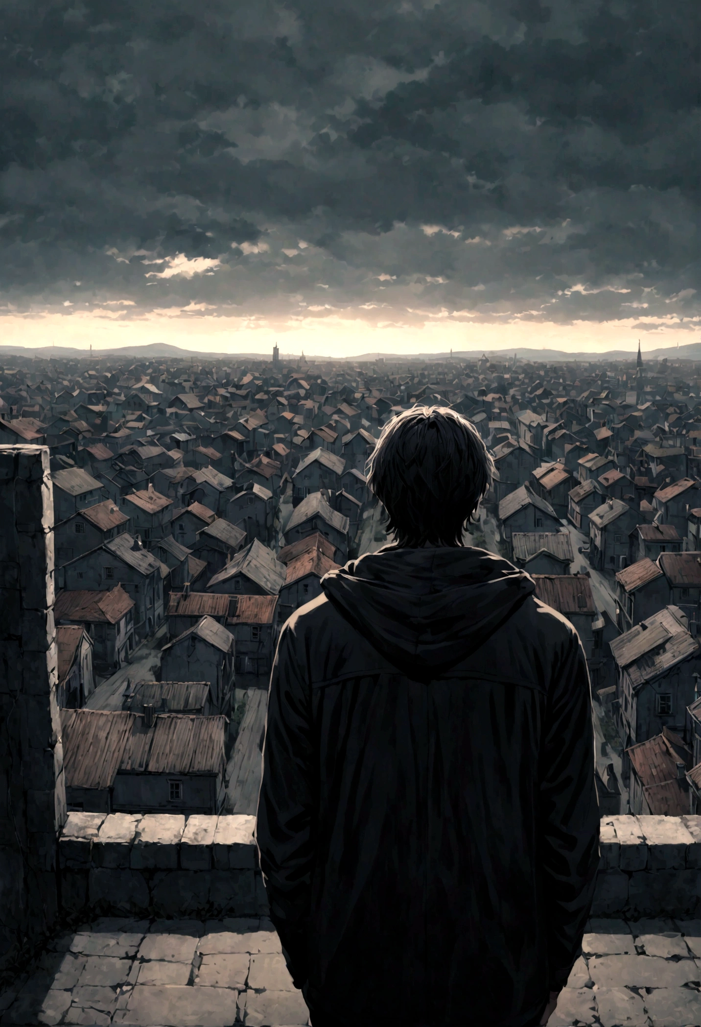 lonely young man gazing a lonely town, from behind, scary