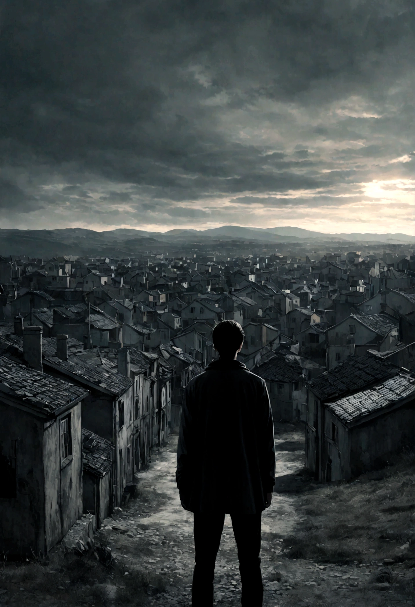 lonely young man gazing a lonely town, from behind, scary