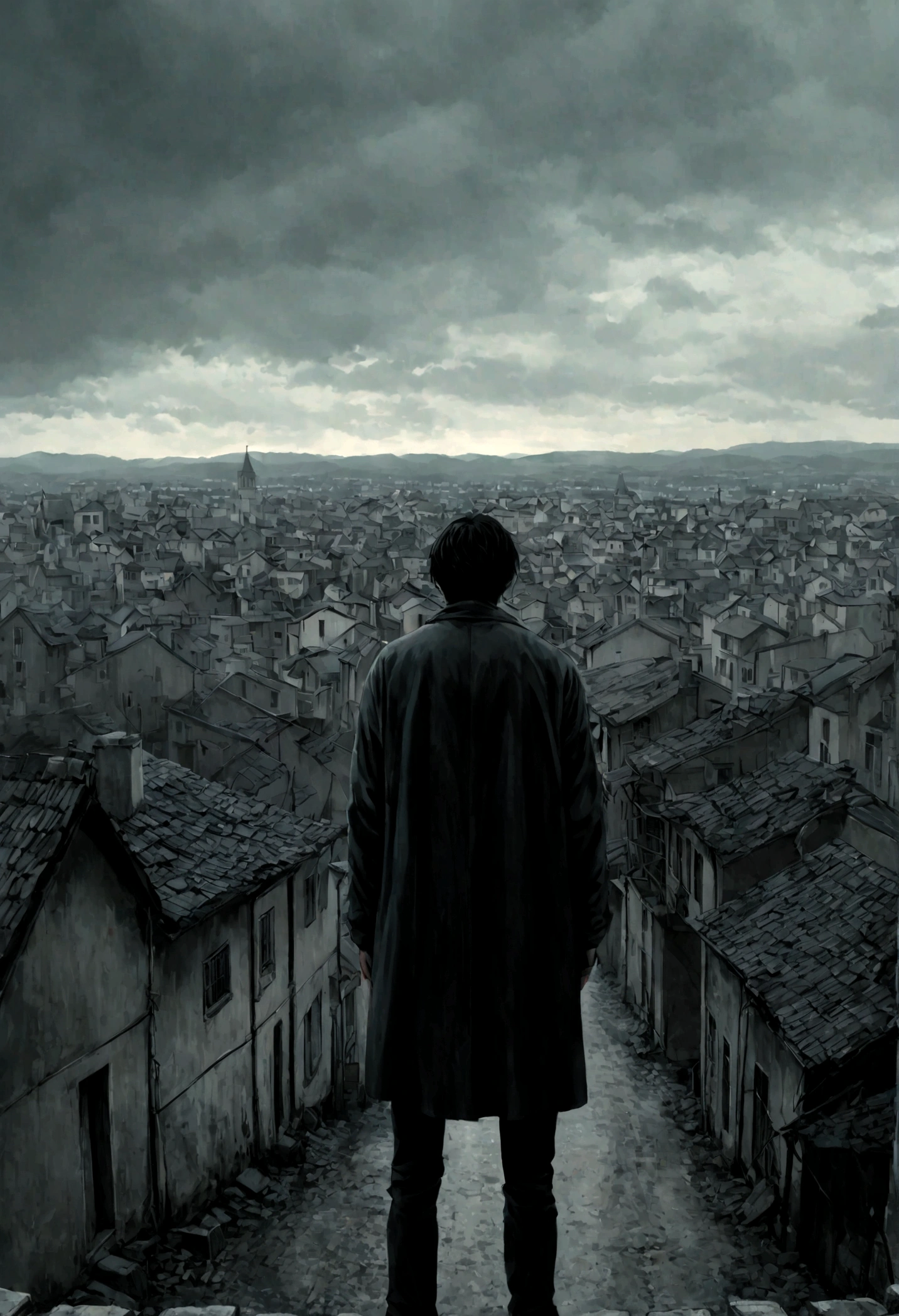 lonely young man gazing a lonely town, from behind, scary
