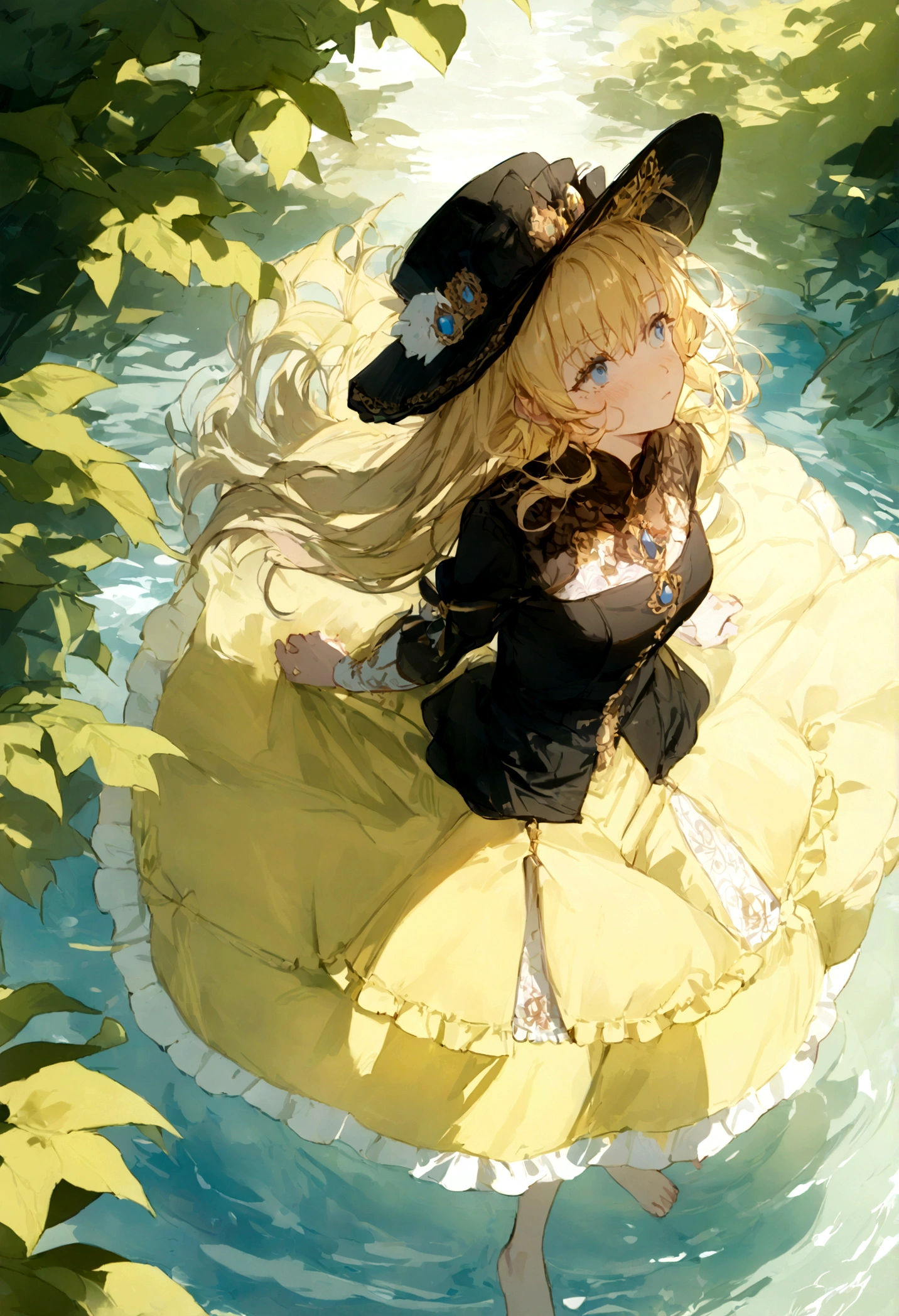 watercolor (medium), best quality, masterpiece, best quality, masterpiece, one woman, wariza:1.2, on water, outdoor, ((Naviadir, Black dress, gold details, yellow skirt details, black hat, long blonde hair, barefoot, parasol)), (increasing the weight makes things worse), hands between her legs, zettairyouiki, wind, breeze, springtime, warm light, looking up, in nature, from above, 