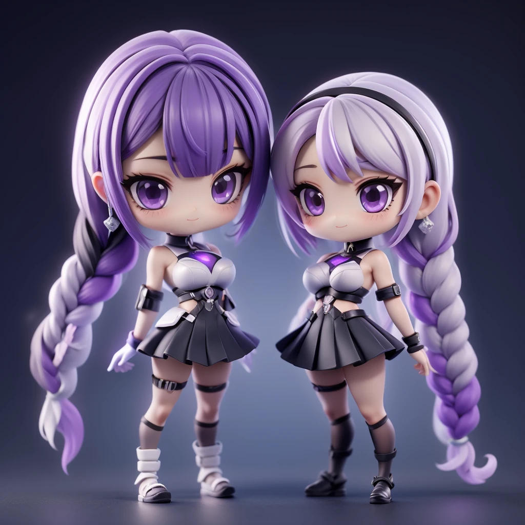 ちび男女のCouple、cute、3D Figure、（Masterpiece、highest quality、Official Art、The best composition、CG、16K、Super detailed、Detailed eyes、Golden Ratio）、Couple（1boy,1girl)、girl（Her hair is a milky white and purple gradient.、Double braid、Black and white diamond-shaped hair ornaments on both sides、purple eyes, long hair, twin braids, purple hair, multicolored hair, elbow gloves, bangs, very long hair,bare shoulders, black skirt, dress, smile, side cutout,covered navel, side cutout,cryptic girl）、boy（Her hair is a short, black and white gradient.、cyberpunk school uniform）、hologram、Disorganized、c0upl3