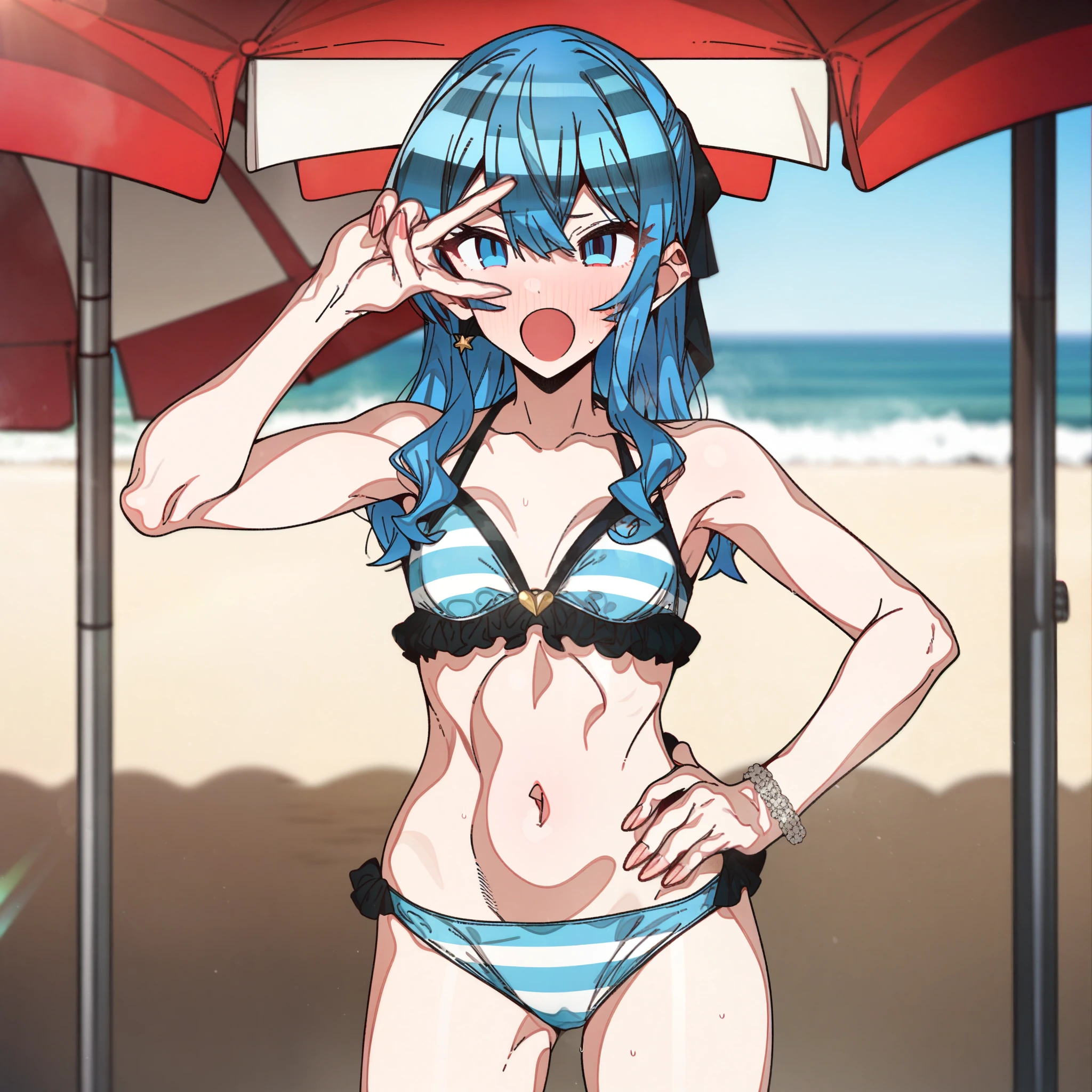 hoshimachi_suisei, Artist, erere, Copyrights, idolmaster, idolmaster_shiny_colors, Character, General, 1girl, wavy side_locks, blue_hair, blunt_bangs, blush, medium_breasts, breasts, blue_eyes, striped bikini, blue_bikini, frilled_bikini, navel, raised_eyebrows, mouth slightly agape, open mouth, (full_body) (standing in middle, beach_umbrella), sky, detailed, sand, outdoors, looking_at_viewer, facing_viewer, masterpiece, best_quality, great_quality, girl, solo, center_composition, centered character, v_over_eye, hand_on_hip, cute