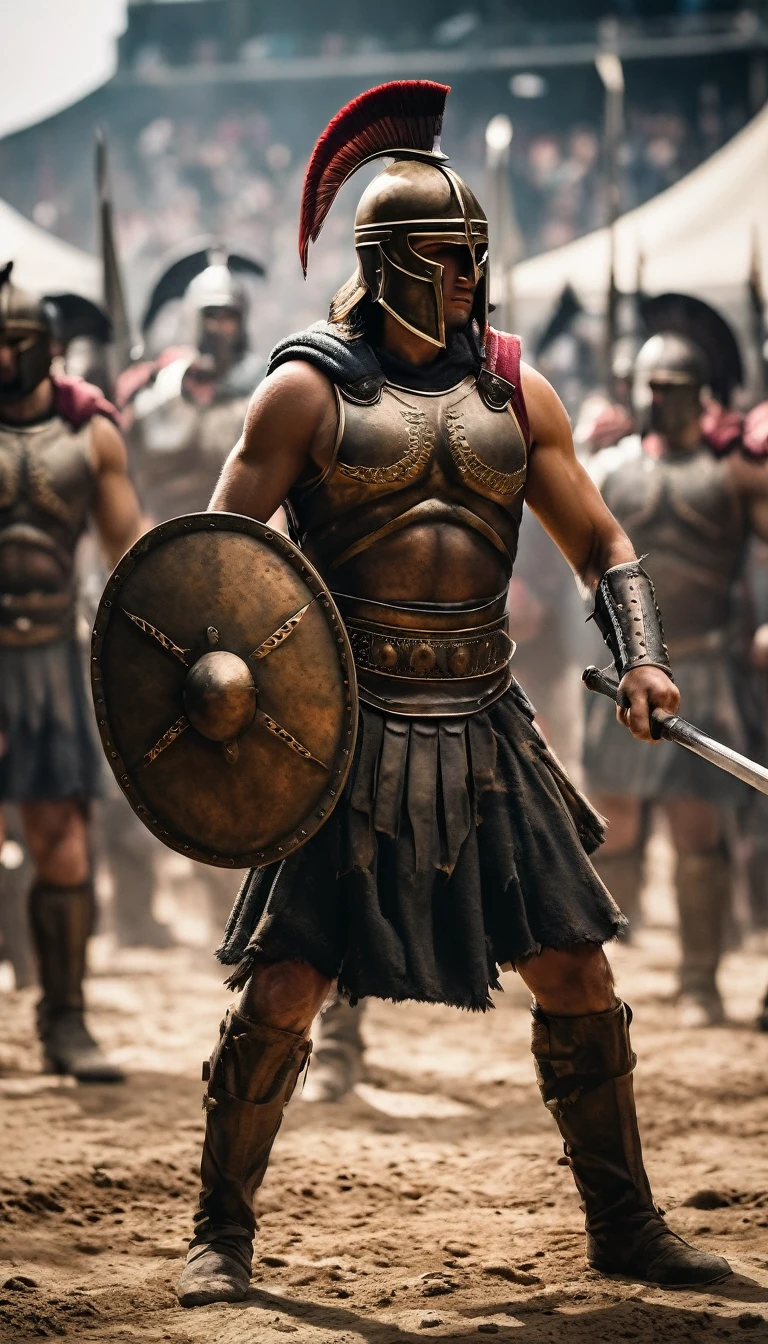Cinematic style, Create a detailed image of the annual Spartan event, featuring a massive arena where the best Spartan warriors and the bravest Helot slaves prepare to battle to the death, background dark, hyper realistic, ultra detailed hyper realistic, photorealistic, Studio Lighting, reflections, dynamic pose, Cinematic, Color Grading, Photography, Shot on 50mm lens, Ultra-Wide Angle, Depth of Field, hyper-detailed, beautifully color, 8k