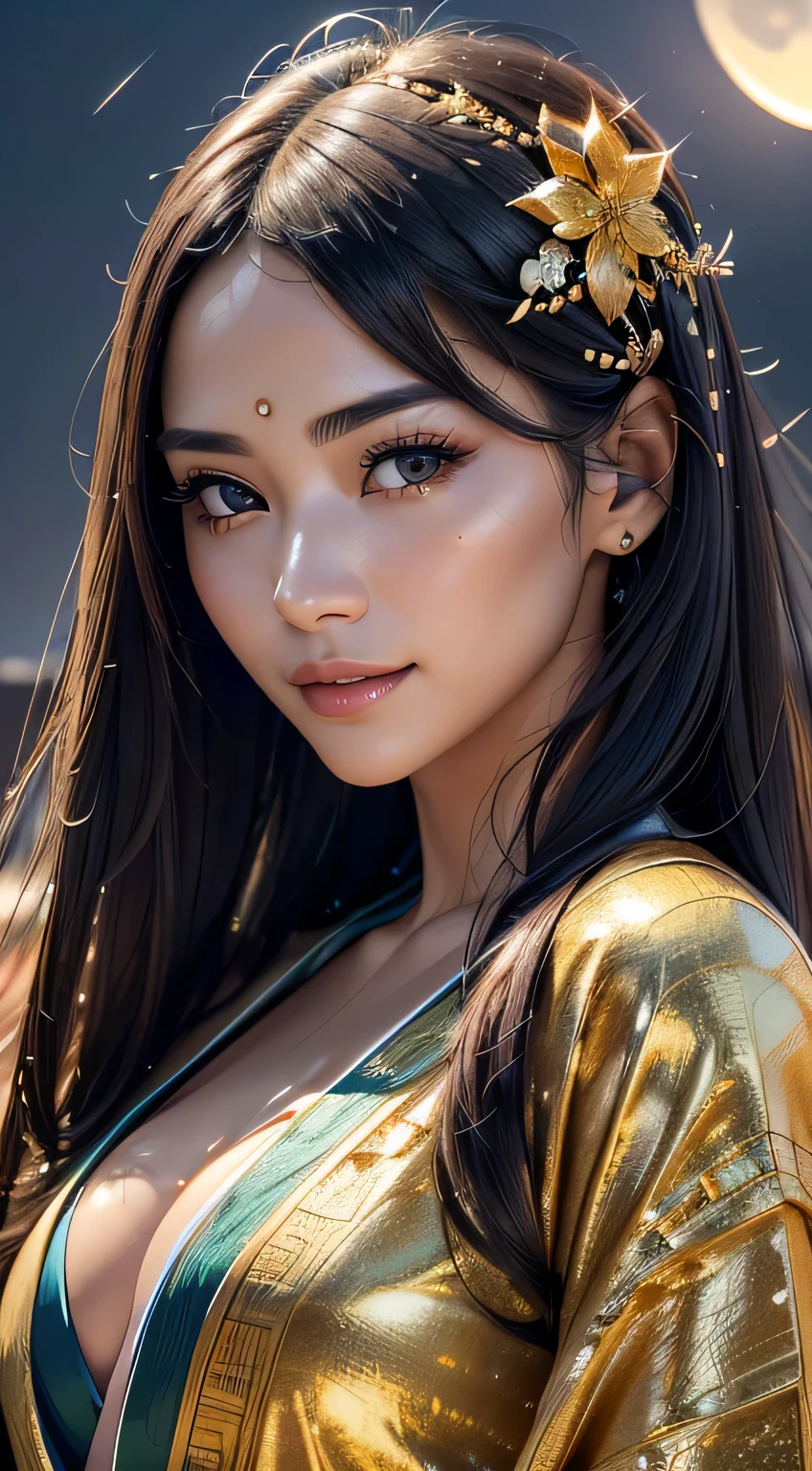 Beautiful woman in kimono,Body Portrait、8k,Beautiful details in the eyes,Dindal effect、masterpiece, 最high quality, high quality, High resolution、Super detailed photos、(Natural skin texture、Detailed skin、Hyperrealism、Ultra Sharpness)、Skin with attention to detail、(Very detailed、Detailed skin texture、Intricate details、Beautiful Face、(A vivid face)、Realistic eyes、Beautiful and fine details、Realistic Skin、Beautiful skins、Surreal、Very detailed、Golden Ratio、With a smile、((Night moonlight background))、Body Portrait