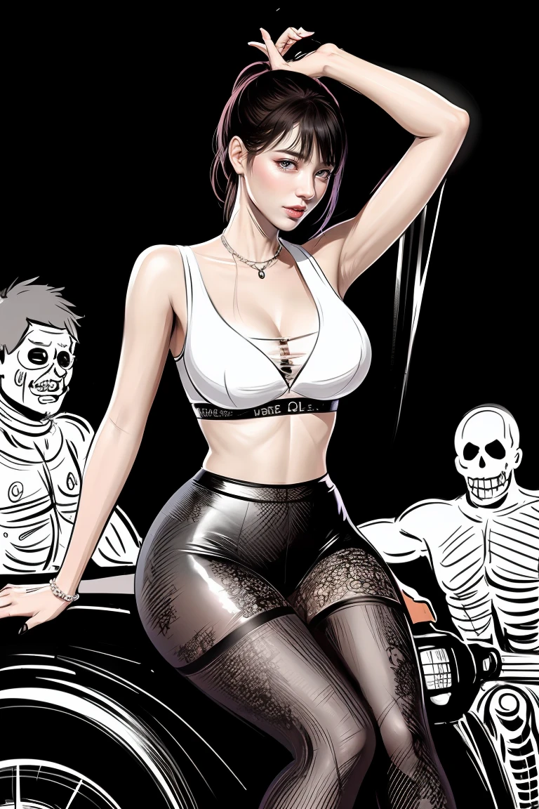 The beautiful girl in lace top and leggings is sitting astride a pile of skeletons in the center of the picture. She is holding a trembling sausage with juice squeezed out in her hand and smiling. There are multiple comic storyboards in the background，cbt, sausage bondage,sausage insertion,Sexy, trampling sausage with high heels heel,(masterpiece, best quality:1.2)，1 beautiful girl,sexy，comic storyboard:2, leggings, sit astride, axially symmetrical:2, ,femdom，sounding，cbt，hold，smile，colorful，leggings，thin gap，cameltoe，insertion，trembling，juice，spray， Long hair,Lace top,Sexy, Shiny leggings, High heel，cleveage, trampling, in forest, saliva , Mucus，