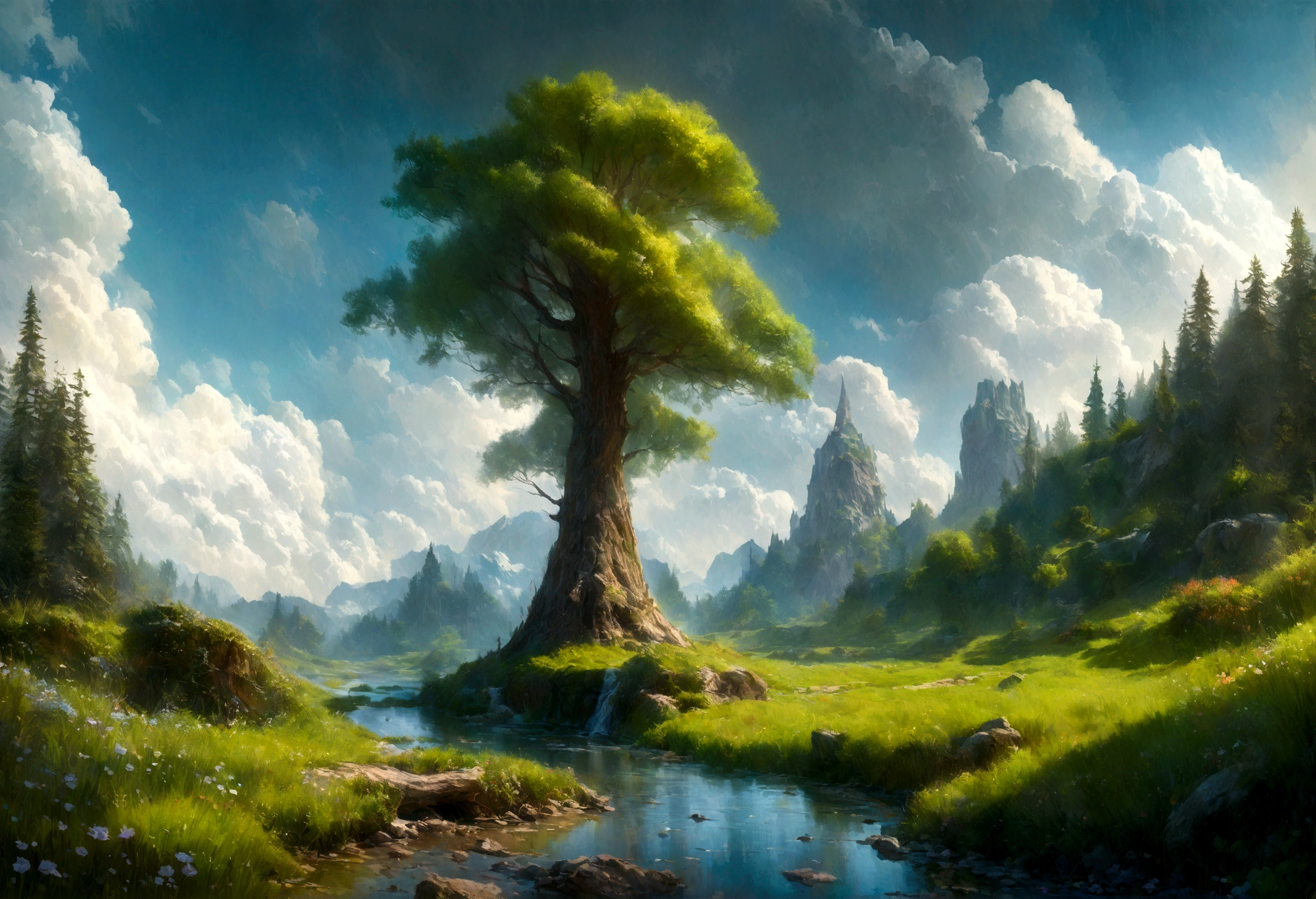 a lush green meadow, rolling hills, old-growth forest, sun-dappled glades, a flowing stream, fluffy white clouds in a soft blue sky, whimsical fantasy elements, magical realism, vibrant colors, painterly style, cinematic lighting, ethereal atmosphere, highly detailed, intricate textures, serene, peaceful, dreamlike, (best quality,4k,8k,highres,masterpiece:1.2),ultra-detailed,(realistic,photorealistic,photo-realistic:1.37),studio ghibli, fantasy, landscape