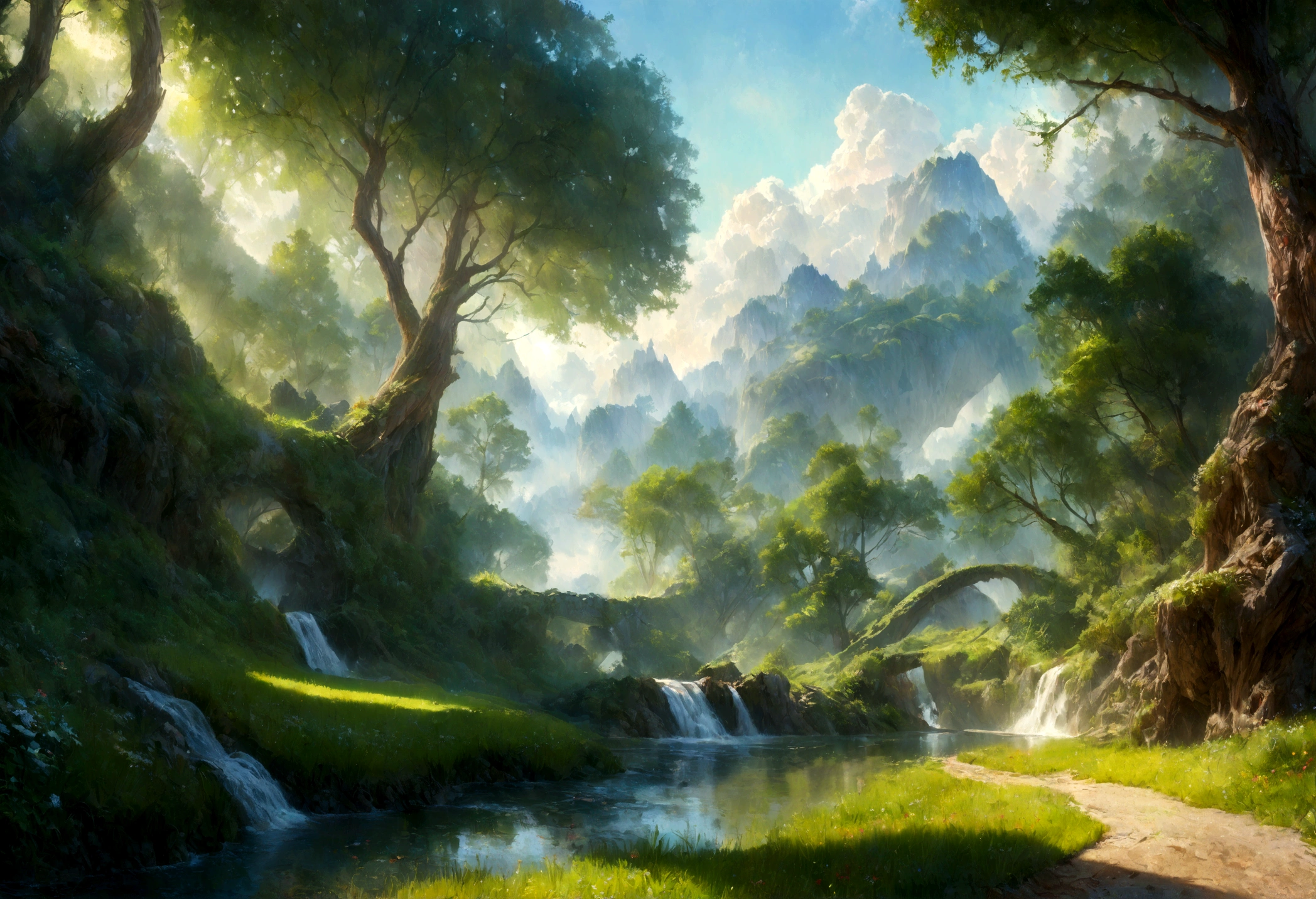 a lush green meadow, rolling hills, old-growth forest, sun-dappled glades, a flowing stream, fluffy white clouds in a soft blue sky, whimsical fantasy elements, magical realism, vibrant colors, painterly style, cinematic lighting, ethereal atmosphere, highly detailed, intricate textures, serene, peaceful, dreamlike, (best quality,4k,8k,highres,masterpiece:1.2),ultra-detailed,(realistic,photorealistic,photo-realistic:1.37),studio ghibli, fantasy, landscape