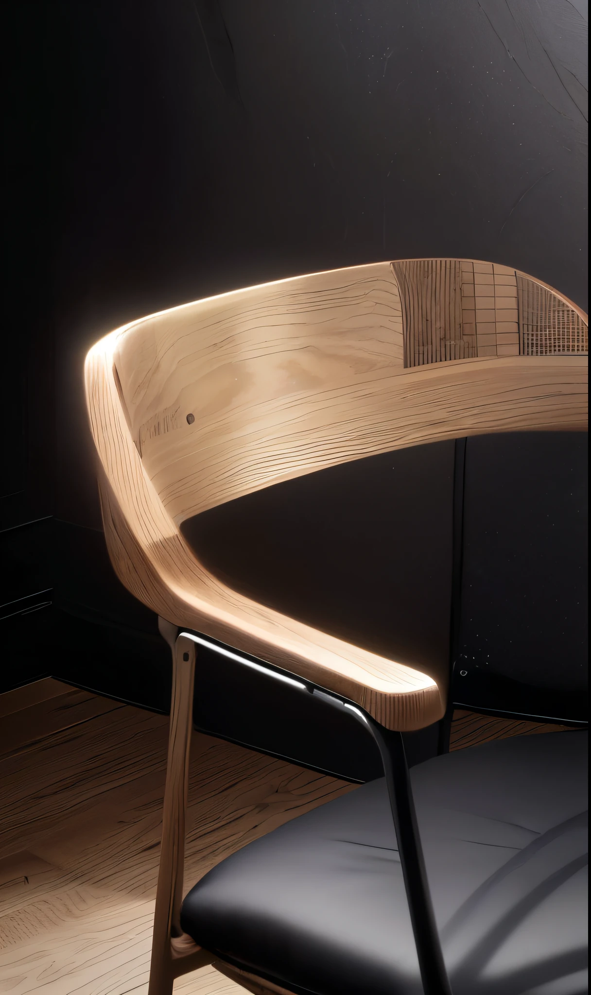 there is a wooden Chair with a black seat and a black cushion, Detailed enlargement of photo, froggy Chair, Detailed product photos, Detail shots, author：Sigrid Hjeten, Detailed product photos, Inspired by Constantine Hansen, High-detail product photos, author：Johannes Geir Jonsson, by Caspar Wolf, Chair