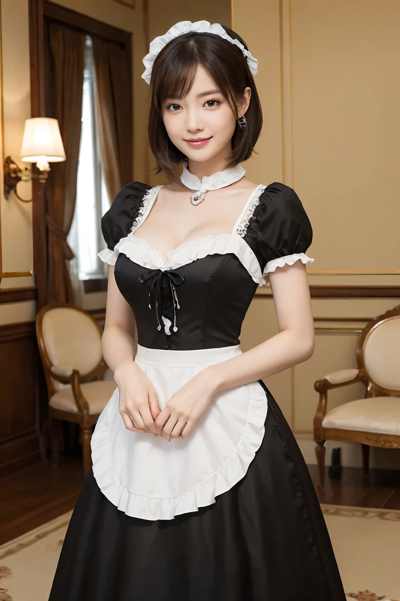 (masterpiece、highest quality、Ultra-high resolution、Award-winning works、8k)、one beautiful maid、gorgeous victorian maid dress、Luxurious long skirt black and white メイド outfit、huge black and white メイド dress、maid headband、black and white メイド uniform、Look at me and smile、Standing Elegantly、Elegant standing posture、Standing maid、Perfect Makeup、Long eyelashes、Brown Hair、Very short curly hair、Cleavage、Shapely large breasts、thin、Ultra HD Skins、豪華で上品なMansionのキッチン、Classic Lobby、Luxurious kitchen in a classic Mansion、Elegant lobby with classic Gothic design、Gothic interior、antique interior、Mansion、Accurate anatomy、Natural and perfect furniture arrangement