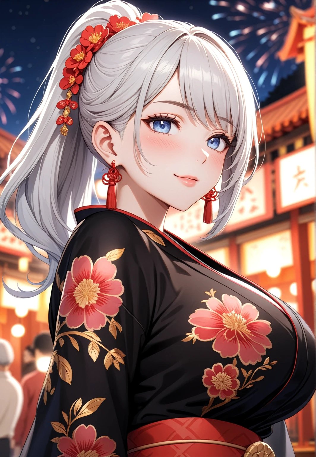((one personの女性)), Beautiful Face,Laugh shyly,((Wink:1.7)),Laughing with your mouth open,turn bright red,Glossy pink lips,night,Shrine festival stalls,firework,((Anime style background)),masterpiece, highest quality, so beautiful, up to date, Complex details, (Pink long nails),AI-generated, Complex,High resolution, highest quality, super high quality,3D Images、View your audience、3D Images,one person,Long white hair,High Ponytail,blue eyes,Anime woman posing for a photo, [[Fine grain、Colorful eyes、Shining Eyes:1.15]],(Squint your eyes:1.1),a hyperRealistic , hyperRealistic , Realistic,Long haired white haired anime woman, Smooth anime CG art, A woman in a colorful kimono with gold embroidery, (Black kimono),Red floral pattern,Long flower hair ornament,Big earrings,(Big Breasts:1.1),Mature Body,tall,Big Ass,Fine details,Tight waist,Abdominal muscles,(Face close-up:1.5),Tilt your face,Shooting from an angle