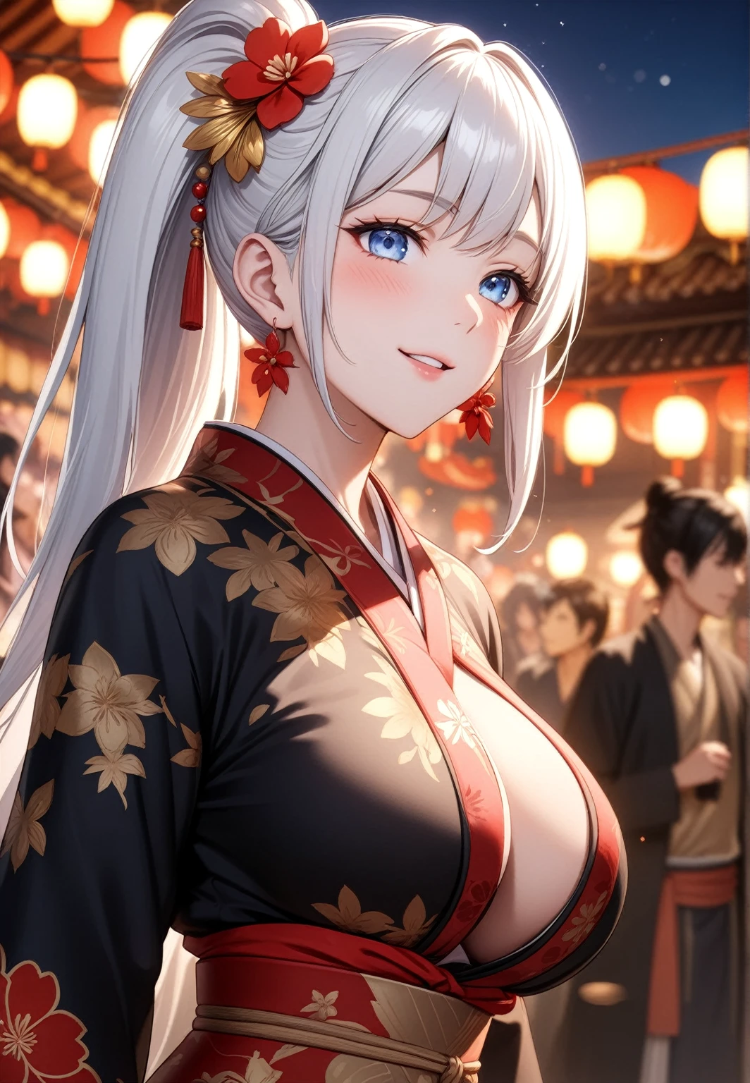 ((one personの女性)), Beautiful Face,Laugh shyly,((Wink:1.7)),Laughing with your mouth open,turn bright red,Glossy pink lips,night,Shrine festival stalls,firework,((Anime style background)),masterpiece, highest quality, so beautiful, up to date, Complex details, (Pink long nails),AI-generated, Complex,High resolution, highest quality, super high quality,3D Images、View your audience、3D Images,one person,Long white hair,High Ponytail,blue eyes,Anime woman posing for a photo, [[Fine grain、Colorful eyes、Shining Eyes:1.15]],(Squint your eyes:1.1),a hyperRealistic , hyperRealistic , Realistic,Long haired white haired anime woman, Smooth anime CG art, A woman in a colorful kimono with gold embroidery, (Black kimono),Red floral pattern,Long flower hair ornament,Big earrings,(Big Breasts:1.1),Mature Body,tall,Big Ass,Fine details,Tight waist,Abdominal muscles,(Face close-up:1.5),Tilt your face,Shooting from an angle