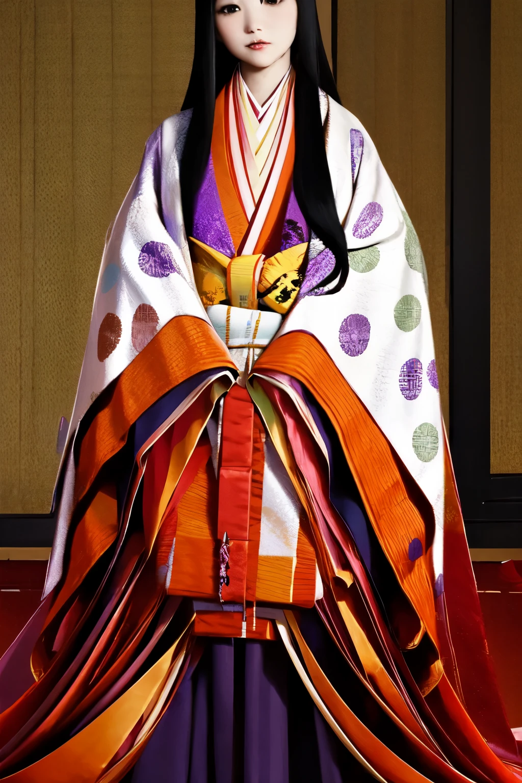 (masterpiece, best quality:1.2), 1girl, juni-hitoe, solo, very long black hair, purple-red hakama, holding hiogi, blur the background, blank background,
