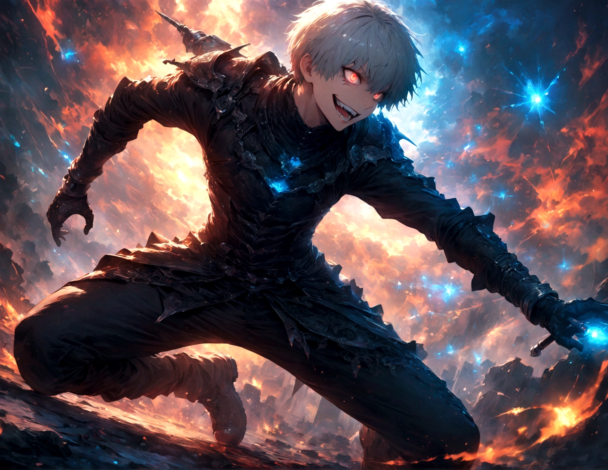 1 male,Kaneki,Tokyo Ghoul,,Sui Ishida's painting style,Intricate details,Use black and white as your main colors,Decadent,artwork,rendering,Dynamic Pose,(masterpiece:1.3),(highest quality:1.4),(ultra detailed:1.5),High resolution,extremely detailed,unity 8k wallpaper,Dark fantasy,Brush strokes,Glare,Battle Style,Crazy smile
