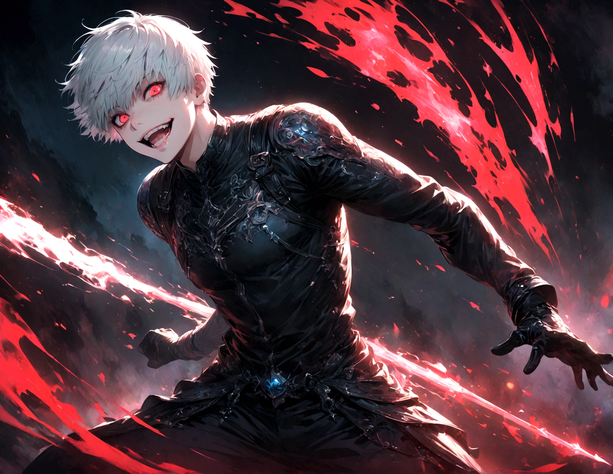 1 male,Kaneki,Tokyo Ghoul,,Sui Ishida's painting style,Intricate details,Use black and white as your main colors,Decadent,artwork,rendering,Dynamic Pose,(masterpiece:1.3),(highest quality:1.4),(ultra detailed:1.5),High resolution,extremely detailed,unity 8k wallpaper,Dark fantasy,Brush strokes,Glare,Battle Style,Crazy smile