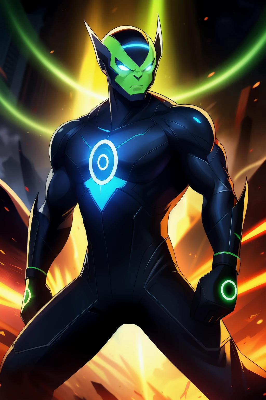 Ben 10, solo, Alien X, anthropomorphic, cartoon style, (detailed shading, vibrant colors), Ben's focus, gray jumpsuit, muscular build, Omnitrix symbol glowing on chest, dynamic lighting, high contrast, action-packed atmosphere, heroic expression, detailed textures, HD, cinematic shot, bokeh background effect