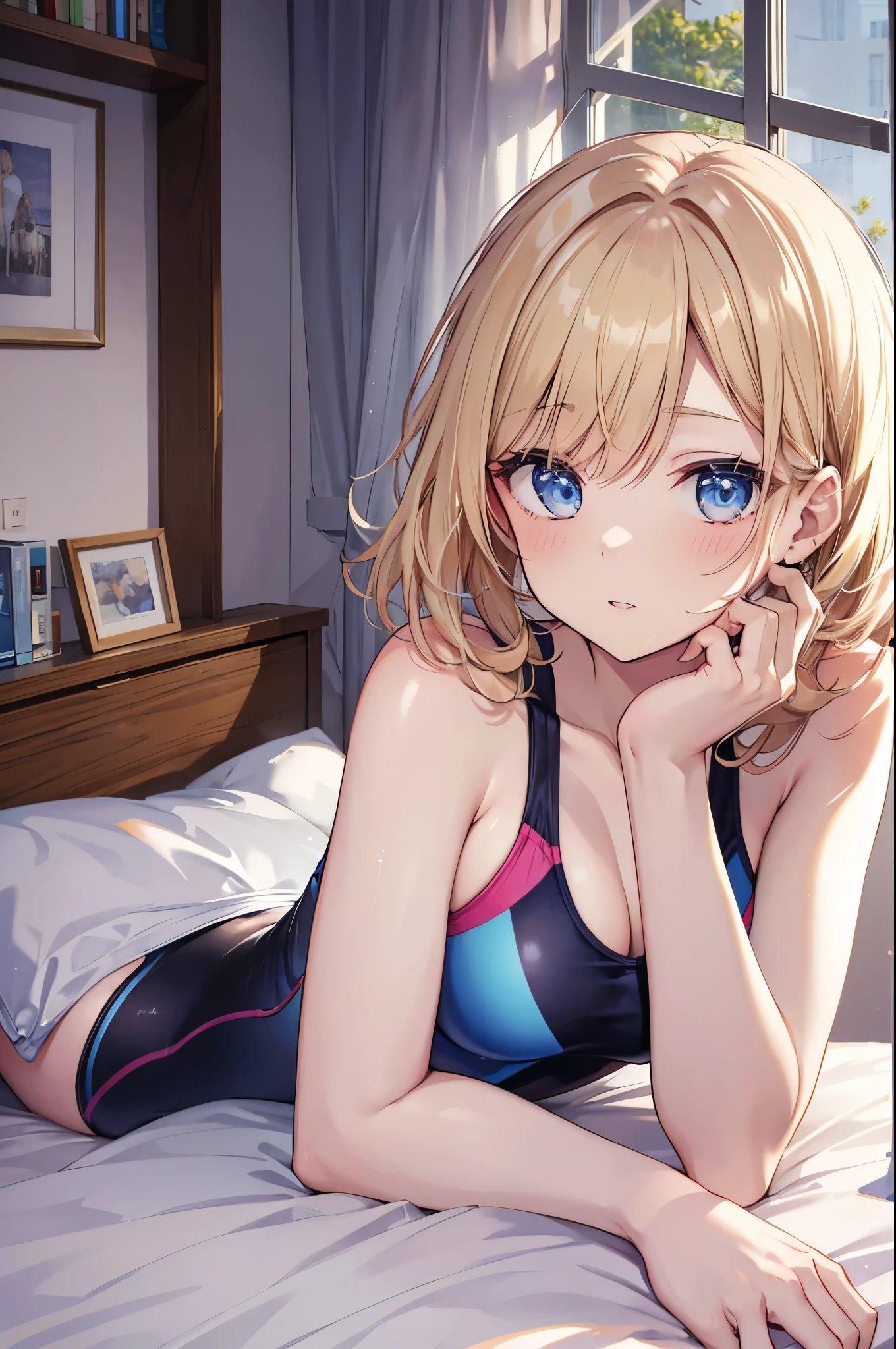 masterpiece, absurdres, best quality, ultra detailed, high Resolution, detailed illustration, bright colour, (extremely beautiful detailed face and eyes, Delicate beautiful face, 1 girl, cute face:1.3), (magenta eyes:1.1), sparkling eyes, big eyes, medium , (perky breasts(pointy breasts:1.1), hips, glamorous body, white skin, BREAK, long bob cut, (blonde hair:0.8), messy hair, detailed hair, shiny hair, BREAK (School Swimsuit, undressed, down blouse, Sideboob:1.3), perfect lighting, (embarrassed:1.3), (ecstasy, vulgarity:1.embling:0.8), full body, 
