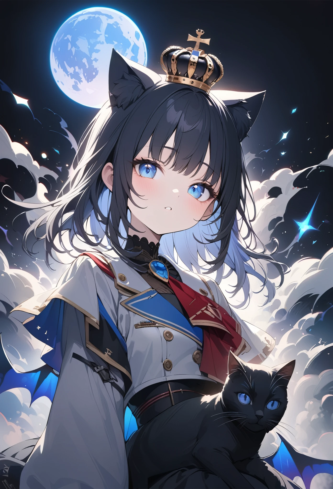 Marine Uniform、girl、whole body、Black Hair、Cute black cat ears、beautiful青い目、Black Crown、Black and blue vampire wings、Glare、Also々funny Face、beautiful、blue Moon、Lots of blue light、Fantasy black cat，Facial close-up enhancement，AmbiLight，The colors are vibrant and bright，Black background，mist，Detailed Description，Rich details，An explosion of imagination，Surreal，Ultra-realistic，masterpiece，8k，Light，Tyndall effect