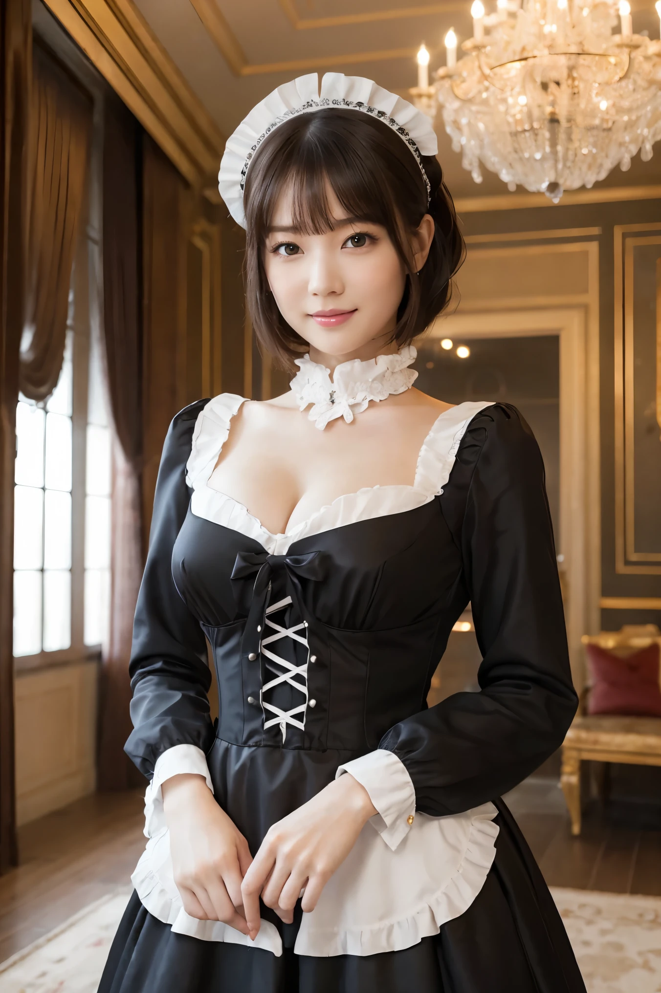 (masterpiece、highest quality、Ultra-high resolution、Award-winning works、8k)、one beautiful maid、gorgeous victorian maid dress、Luxurious long skirt black and white メイド outfit、huge black and white メイド dress、maid headband、black and white メイド uniform、Look at me and smile、Standing Elegantly、Elegant standing posture、Standing maid、Perfect Makeup、Long eyelashes、Brown Hair、Very short curly hair、Cleavage、Shapely large breasts、thin、Ultra HD Skins、豪華で上品なMansionのキッチン、Classic Lobby、Luxurious kitchen in a classic Mansion、Elegant lobby with classic Gothic design、Gothic interior、antique interior、Mansion、Accurate anatomy、Natural and perfect furniture arrangement