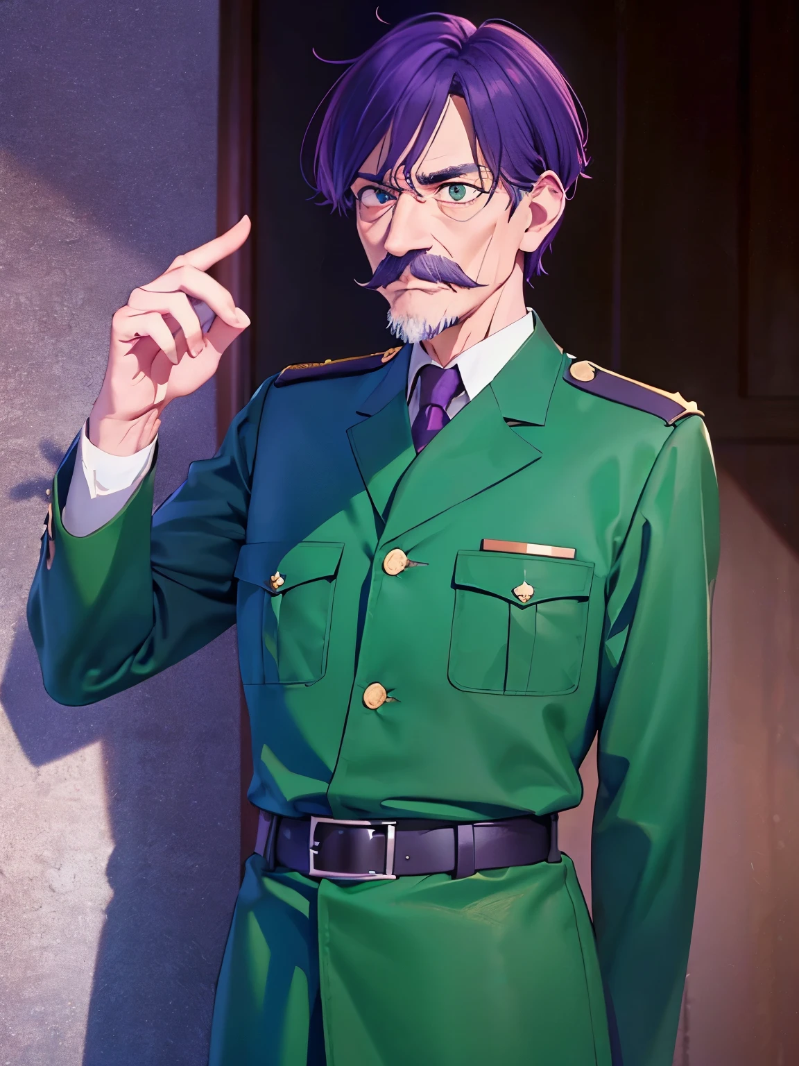 1 old man, talking,70 years old, short hair, Thin body, purple hair, green eyes, purple mustache, army uniform,ultra detail, ultra HD, standing,Thin body,half body photo