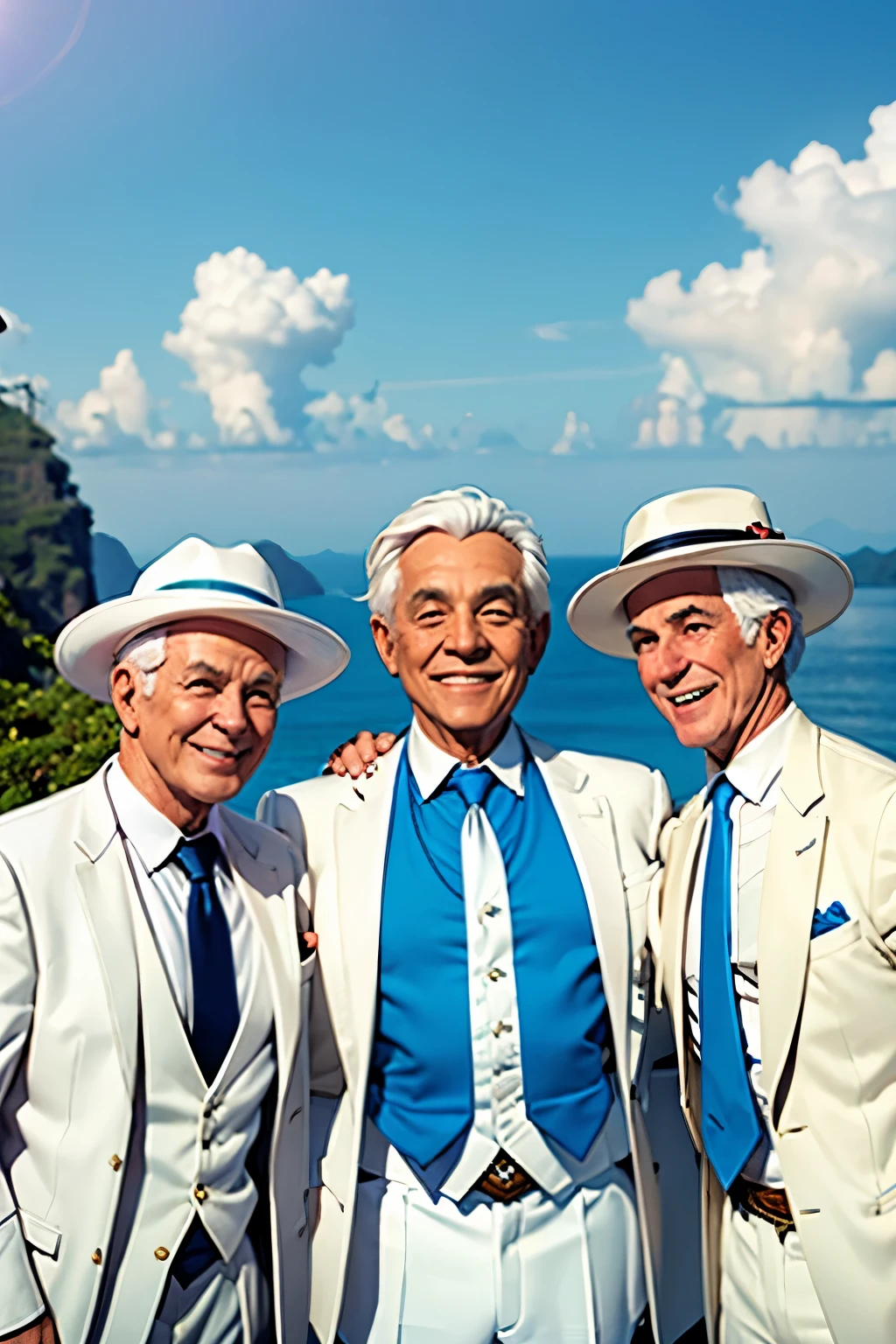three old men, white hair, white suite, blue tie, white panama hat, samba, Rio de Janeiro, Brazil, smiling, same
clothing