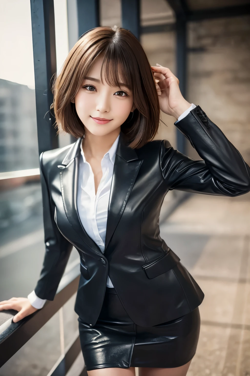 Leather business suit、Wearing a blazer（black）,Tight Skirt（black）、Realistic leather texture,(Detailed clothing features), RAW Photos, (8k、highest quality、masterpiece:1.2)、(Photorealistic:1.4)、 Vivid details, Realistic skin texture,short hair