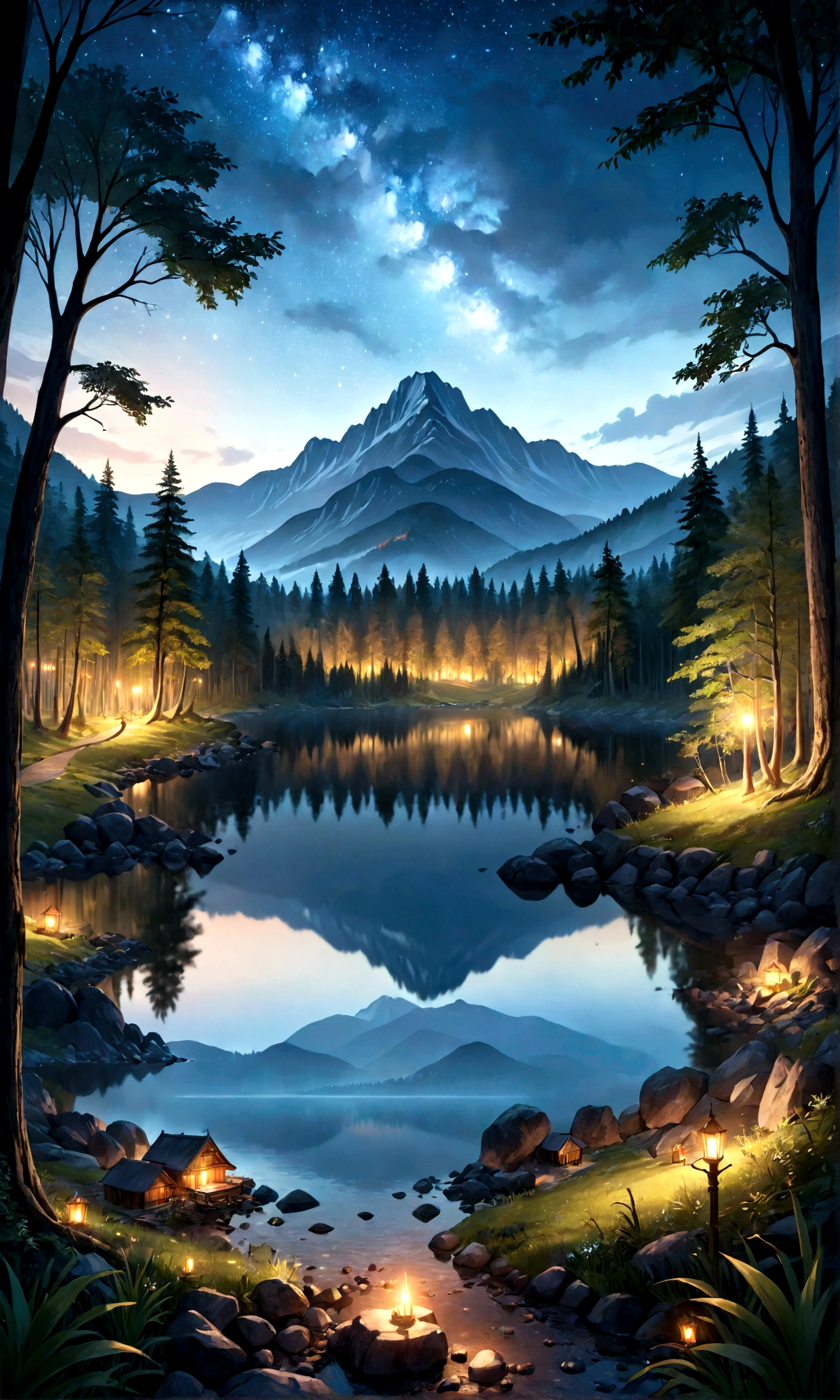 35mm photograph, film, bokeh, professional, beautiful fantasy forest with a mountain in the background and a lake at night with milyway in the sky, hyperrealistic, super realistic, sharp focus, 32k, (((masterpiece))) (((ultimate quality))), exquisite beauty, highiest texture resolution, photorealistic, fantasy setting, epic composition