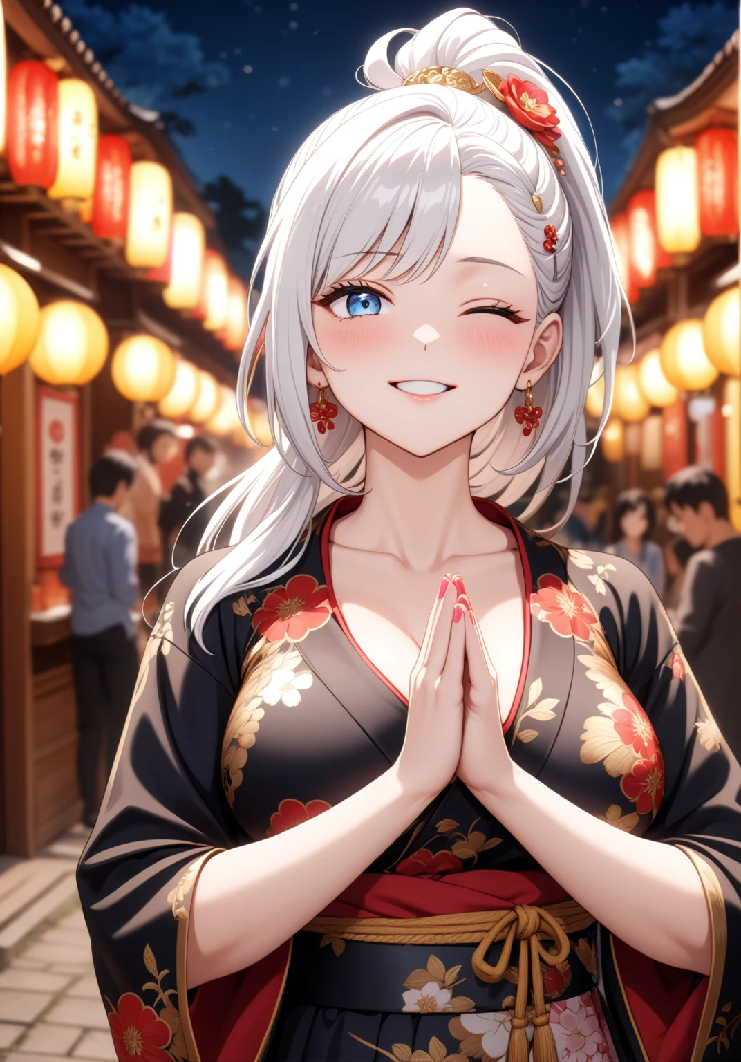 ((one personの女性)), Beautiful Face,Laugh shyly,((Wink:1.7)),Laughing with your mouth open,turn bright red,Glossy pink lips,night,Shrine festival stalls,((Anime style background)),masterpiece, highest quality, so beautiful, up to date, Complex details, (Pink long nails),AI-generated, Complex,High resolution, highest quality, super high quality,3D Images、View your audience、3D Images,one person,Long white hair,High Ponytail,blue eyes,Anime woman posing for a photo, [[Fine grain、Colorful eyes、Shining Eyes:1.15]],(Squint your eyes:1.1),a hyperRealistic , hyperRealistic , Realistic,Long haired white haired anime woman, Smooth anime CG art, A woman in a colorful kimono with gold embroidery, (Black kimono),Red floral pattern,Long flower hair ornament,Big earrings,(Big Breasts:1.1),Mature Body,tall,Big Ass,Fine details,Tight waist,Abdominal muscles,(Face close-up:1.5),Tilt your face,Shooting from an angle,Praying with hands together,