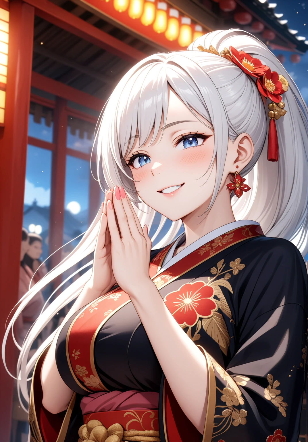 ((one personの女性)), Beautiful Face,Laugh shyly,((Wink:1.7)),Laughing with your mouth open,turn bright red,Glossy pink lips,night,Shrine festival stalls,((Anime style background)),masterpiece, highest quality, so beautiful, up to date, Complex details, (Pink long nails),AI-generated, Complex,High resolution, highest quality, super high quality,3D Images、View your audience、3D Images,one person,Long white hair,High Ponytail,blue eyes,Anime woman posing for a photo, [[Fine grain、Colorful eyes、Shining Eyes:1.15]],(Squint your eyes:1.1),a hyperRealistic , hyperRealistic , Realistic,Long haired white haired anime woman, Smooth anime CG art, A woman in a colorful kimono with gold embroidery, (Black kimono),Red floral pattern,Long flower hair ornament,Big earrings,(Big Breasts:1.1),Mature Body,tall,Big Ass,Fine details,Tight waist,Abdominal muscles,(Face close-up:1.5),Tilt your face,Shooting from an angle,Praying with hands together,