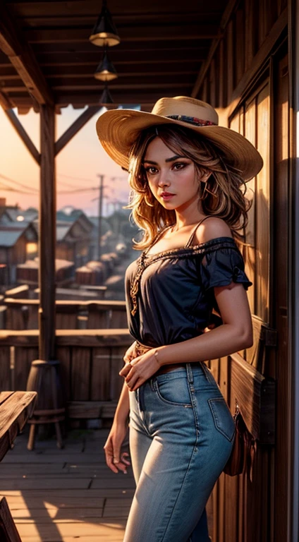 Uma linda mulher em estilo country, (camisa social xadrez vermelho e preto bem colada, justa), destacando-se em uma cidade faroeste. Sua pele bronzeada brilha sob o sol poente "suor", olhos verdes radiantes, e cabelos castanhos ondulados caem suavemente sobre seus ombros. She wears a brown cowboy hat, camisa xadrez vermelha ajustada, jeans desbotados e botas de couro intricadamente bordadas. She is on a dirt street surrounded by wooden buildings typical of the western. The local saloon has swinging doors and a porch where cowboys chat. The barbershop features a rotating plate and the blacksmith shop next door is active with the sound of hammering. Horses tied to wooden posts and a hay cart passing by complete the scene.. The golden light of the sunset lengthens the shadows and bathes the city in a warm glow, capturing the vibrant essence of the old west.