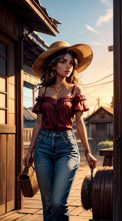 Uma linda mulher em estilo country, (camisa social xadrez vermelho e preto bem colada, justa), destacando-se em uma cidade faroeste. Sua pele bronzeada brilha sob o sol poente "suor", olhos verdes radiantes, e cabelos castanhos ondulados caem suavemente sobre seus ombros. She wears a brown cowboy hat, camisa xadrez vermelha ajustada, jeans desbotados e botas de couro intricadamente bordadas. She is on a dirt street surrounded by wooden buildings typical of the western. The local saloon has swinging doors and a porch where cowboys chat. The barbershop features a rotating plate and the blacksmith shop next door is active with the sound of hammering. Horses tied to wooden posts and a hay cart passing by complete the scene.. The golden light of the sunset lengthens the shadows and bathes the city in a warm glow, capturing the vibrant essence of the old west.