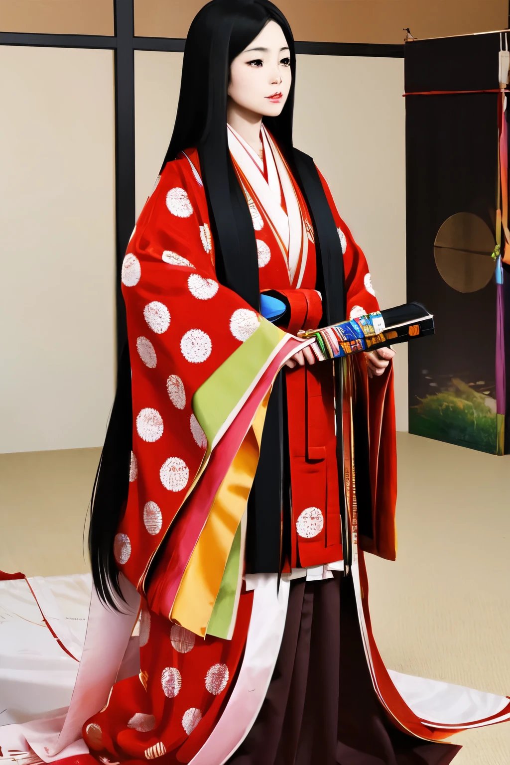 (masterpiece, best quality:1.2), 1girl, juni-hitoe, solo, very long black hair, dark-red hakama, holding hiogi, blur the background, blank background,
