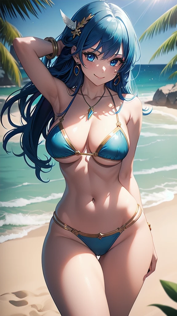 masterpiece, best quality, 1 solo girl, blue hair, blue eyes, long hair, medium breasts, sexy body and face, wavy hair, smile, white bikini, pendant, bracelet, jewelry, earrings, feather hair ornament, ball, lying at the sand, summer, sexy pose, cowboy shots, detailed body, face, and eyes, sharp focus, vibrant, creative, dynamic, high definition, high resolution, 8k, (Upscale: R-ESRGAN 4x+ Anime6mage enchance:4x), voluptuous body, cinema lightning, dakimakura style, looking at the viewer