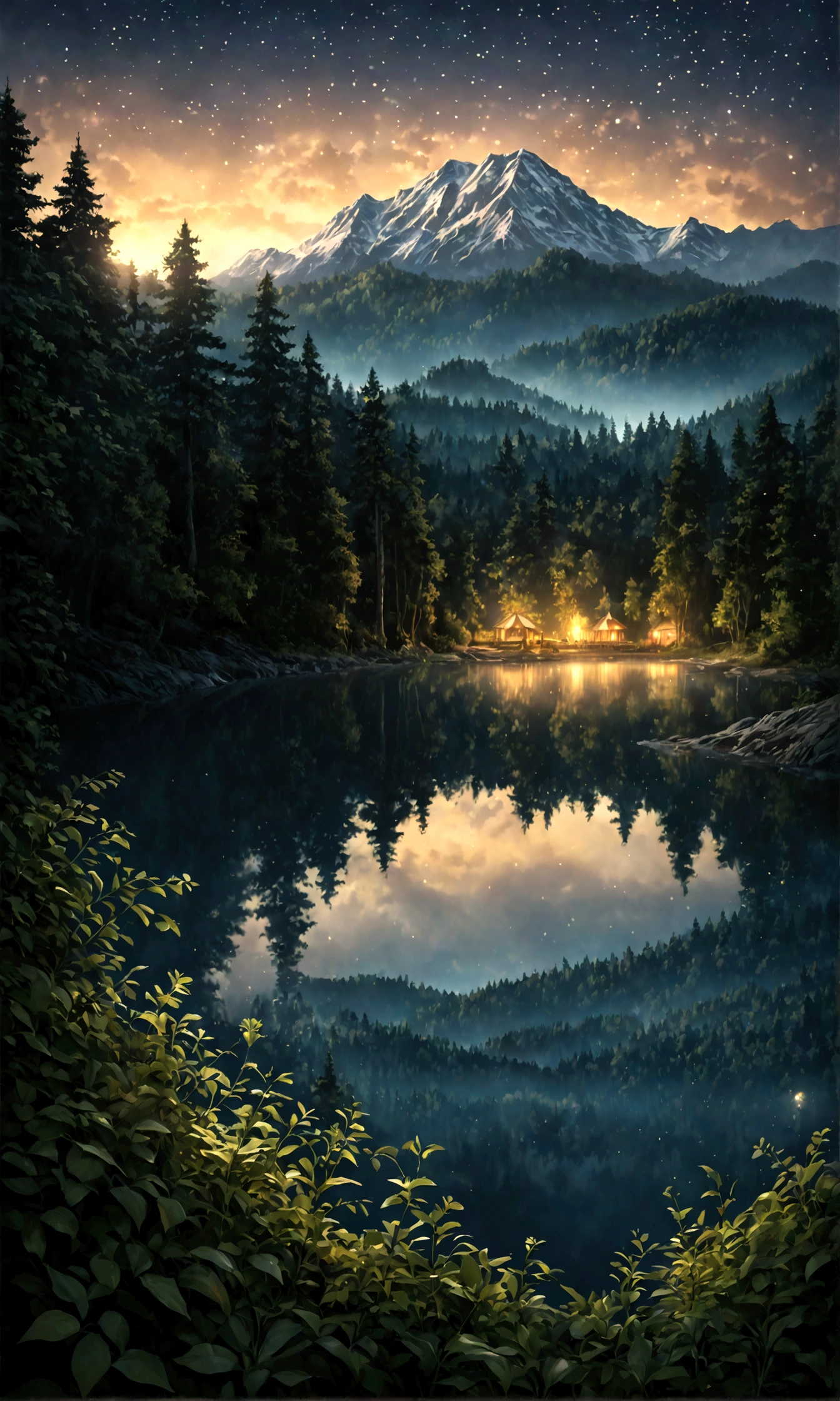 35mm photograph, film, bokeh, professional, beautiful fantasy forest with a mountain in the background and a lake at night with milyway in the sky, hyperrealistic, super realistic, sharp focus, 32k, (((masterpiece))) (((ultimate quality))), exquisite beauty, highiest texture resolution, photorealistic, fantasy setting, epic composition