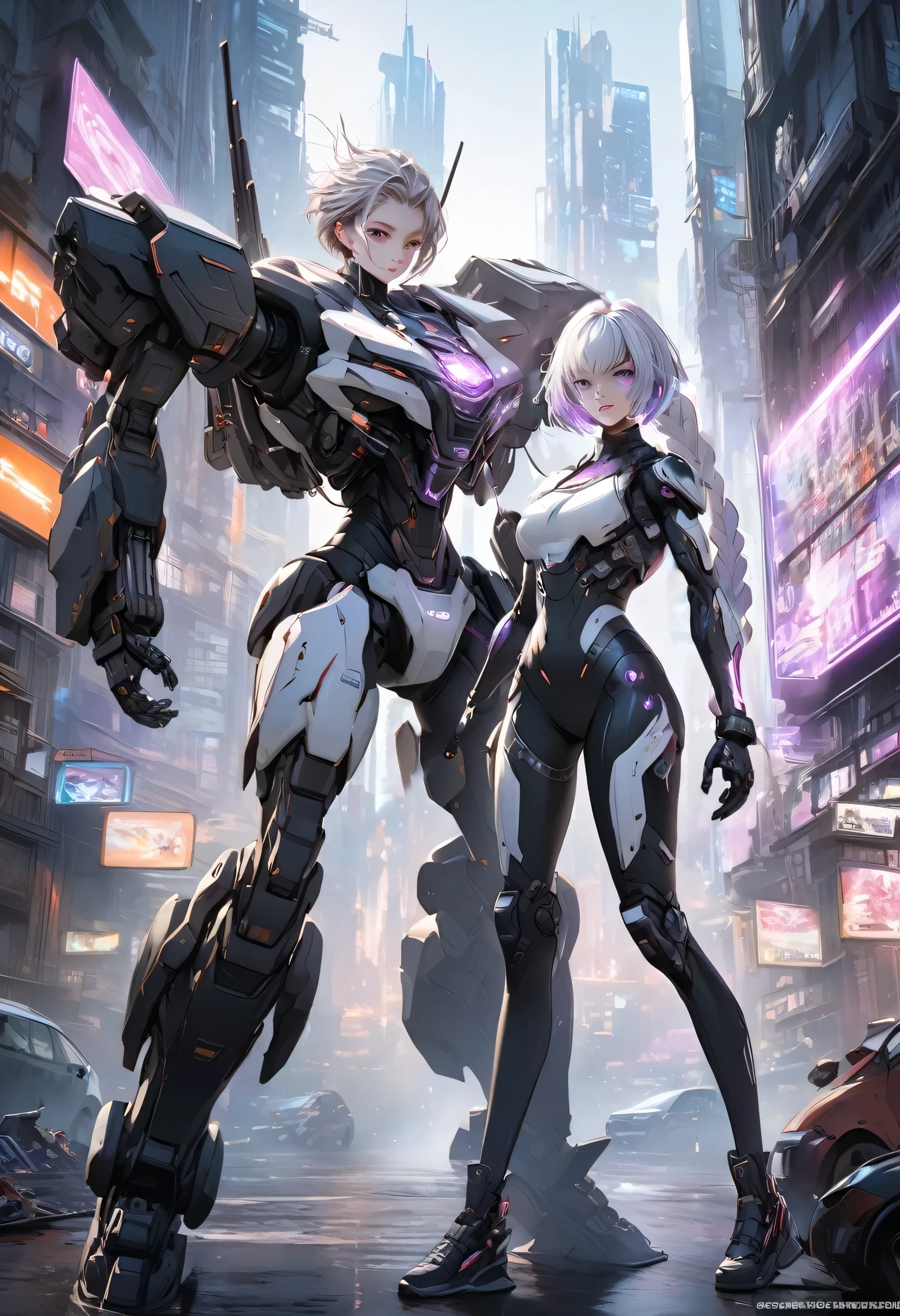 (Very detailed CG unified 16k wallpaper:1.1), (Denoising Strength: 1.45), 1girl, cryptic_g, purple eyes, silver hair, gradient hair, twin braided hair,Dark purple with white hair, Fluorescent violet,, Beautiful and detailed cyberpunk city, Beautiful and delicate light, （2 girls）, Black short hair，Poker face, Cold expression, crazy, Sporty, Very detailed, Lots of details, HD semi-realistic anime CG concept art digital, illustration, Glowing lights, (masterpiece:1.37), masterpiece, best quality