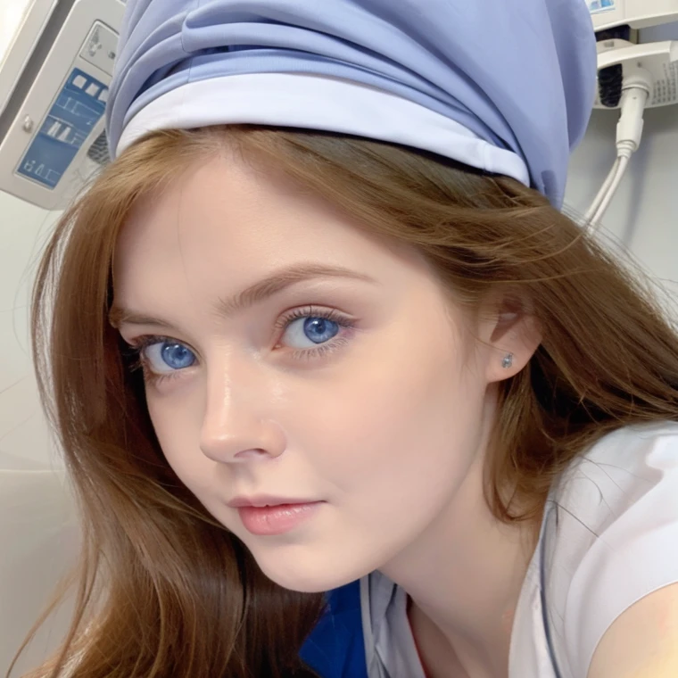 Beautiful girl, detailed blue eyes, long white niveous hair, detailed facial traits, nurse cap, nurse uniform, hospital room, medical equipment behind