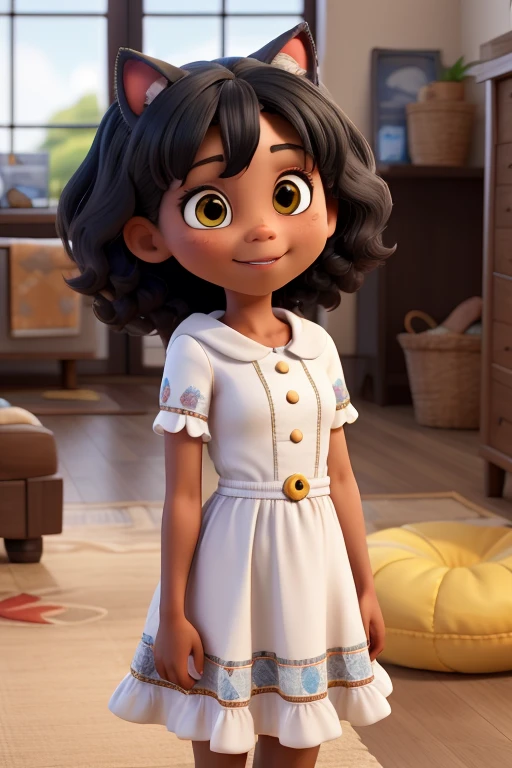 negra, cabelo crespo, vestido vermelho segurando gato branco, no quarto de brinquedos.