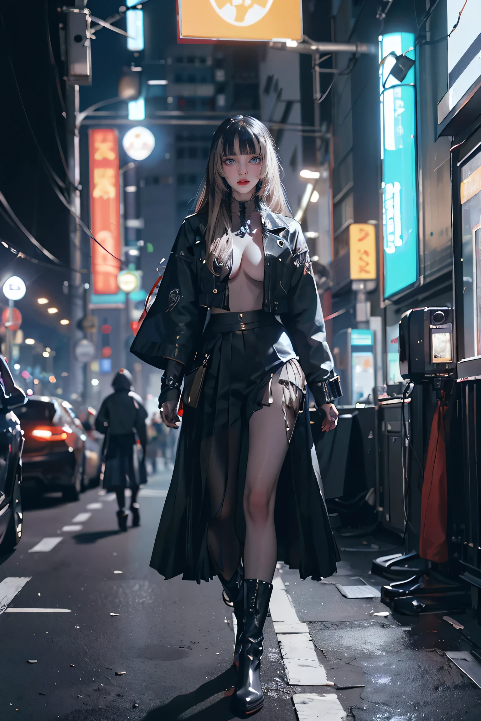 (((NSFW0.7))),Better Quality, Realist, Award-Winning Illustration, (Intricate details: 1.2), (Fine Detail), (Intricate details), (Cininatic Lights, Better Quality Backlight), Crisp Lines, Sharp focus, Official Art, unity wallpaper 8k, Absurd, unbelievably Absurd, Huge file sizes, Ultra- (in_main_two:1.21), (Neon lamp), Fantasy art, RTX,((triangle closeup photo by award winning studio )), 1 girl, so beautiful, (run away), small , ((two da cidade cyberpunk, Valkyrie)), Perfect hands, Beautiful and fine details, Perfect Face, (Cyberpunk Blouse, leather jacket, Martin boots) ,((Pleated skirt) ), ((Supermodel posture)),((Big Breasts)),(See through)