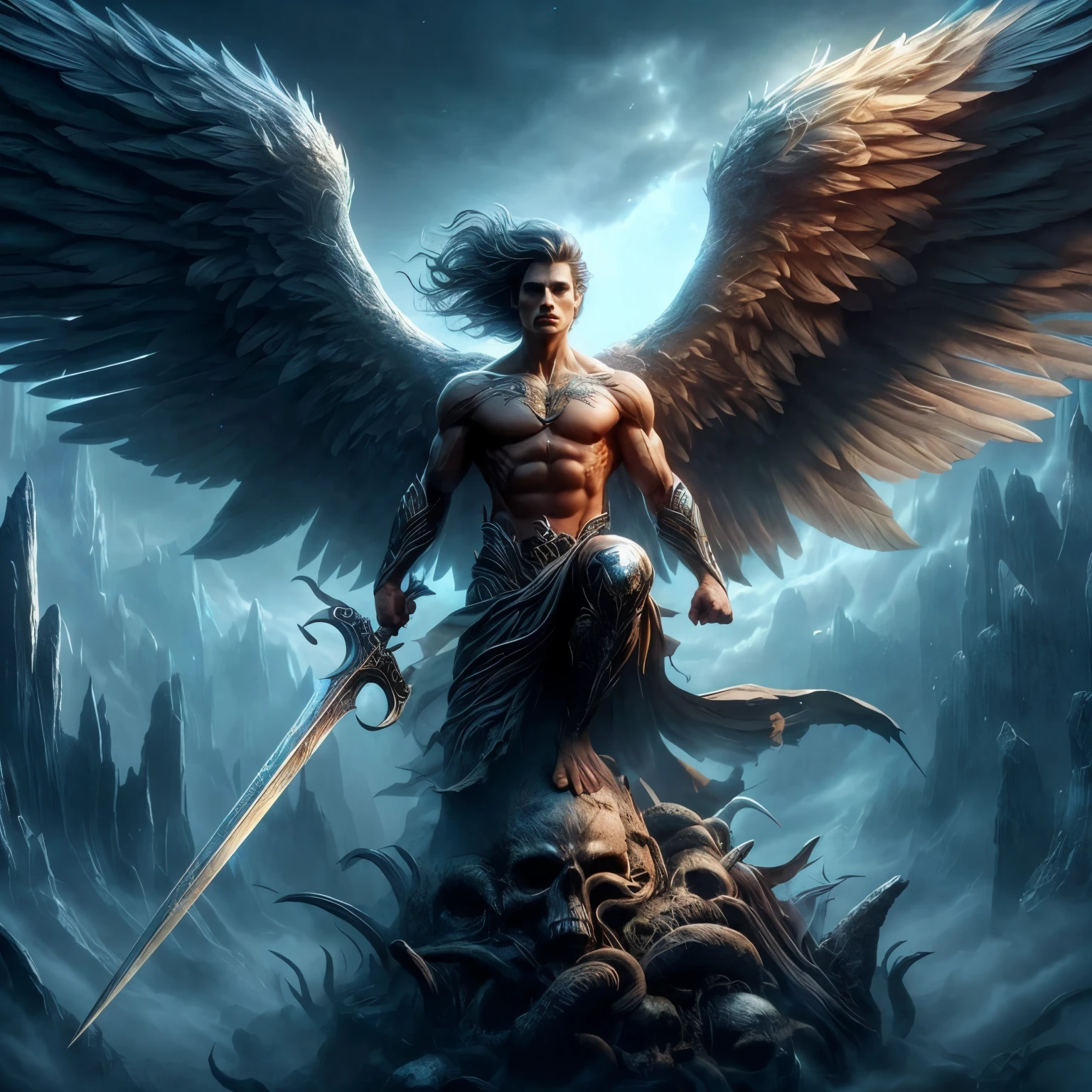 Fearless Archangel, beautiful male face, standing on top of a rocky presuppose that looks like a creature, perfect muscular body, masculine body, perfect symmetrical face, eyes perfectly aligned, symmetrical eyes, full body, with avenging sword, Apocalypse, dooms day, Illustration, cinematic light, high resolution, best quality, ultra detailed, masterpiece,