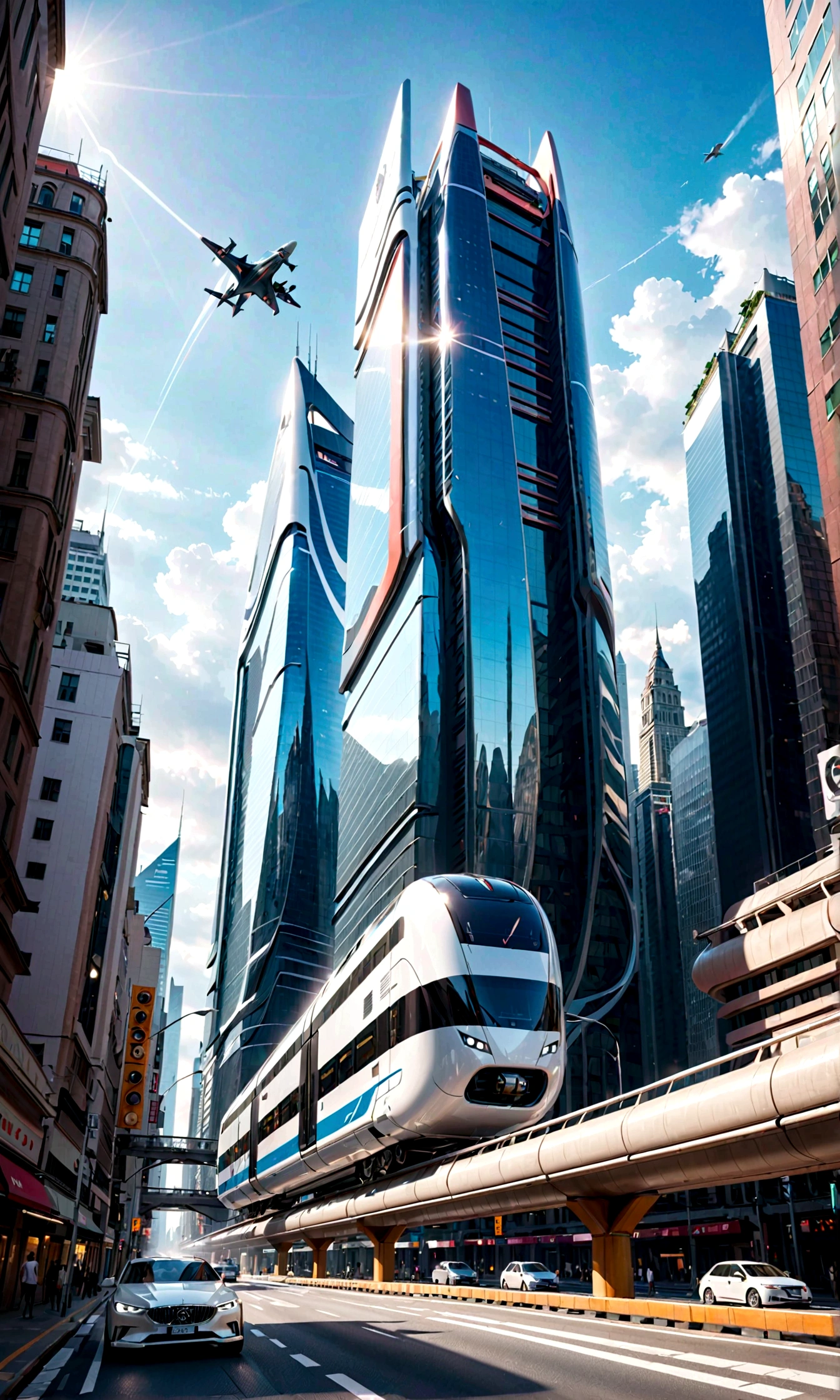 tower,fact,A futuristic city scene filled with incredible technological wonders. Skyscrapers rise above the clouds, With a stylish and modern design. Streamlined blending, bending, Engineered architectural structures using reflective materials and glass curtain walls create fascinating futuristic landscapes. on the street, Amazing floating transport vehicle glides at high speeds, Such as flying cars or maglev trains, Exudes a high-tech look,Flying in the urban airspace style:photography