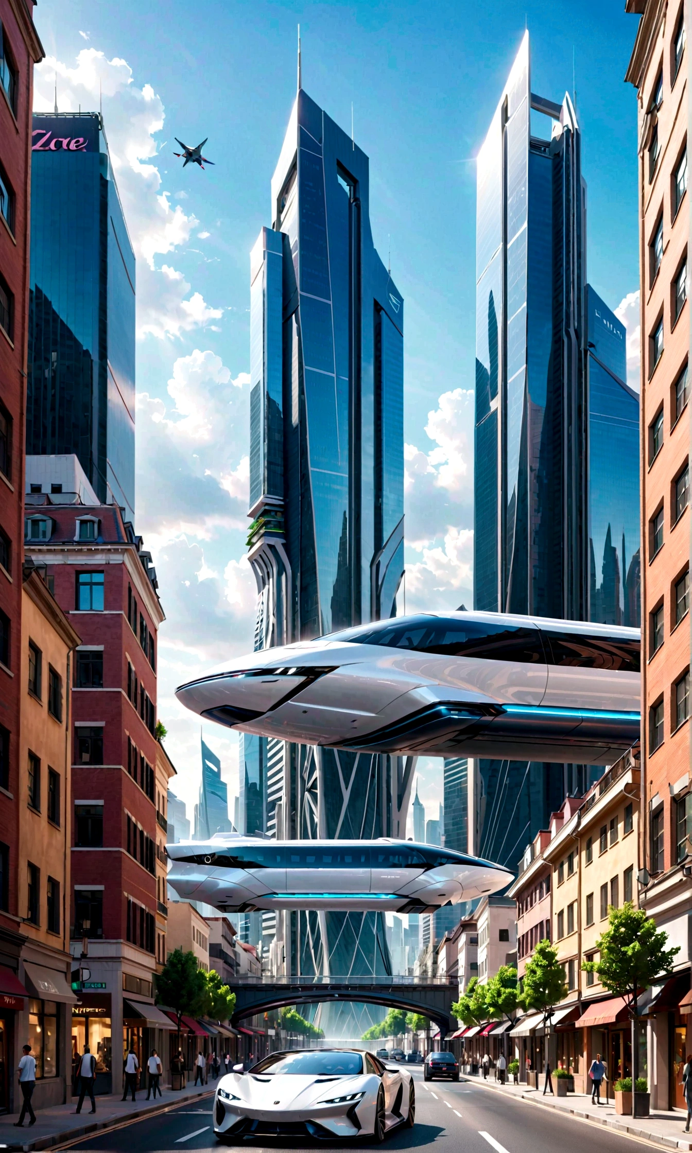 tower,fact,A futuristic city scene filled with incredible technological wonders. Skyscrapers rise above the clouds, With a stylish and modern design. Streamlined blending, bending, Engineered architectural structures using reflective materials and glass curtain walls create fascinating futuristic landscapes. on the street, Amazing floating transport vehicle glides at high speeds, Such as flying cars or maglev trains, Exudes a high-tech look,Flying in the urban airspace style:photography