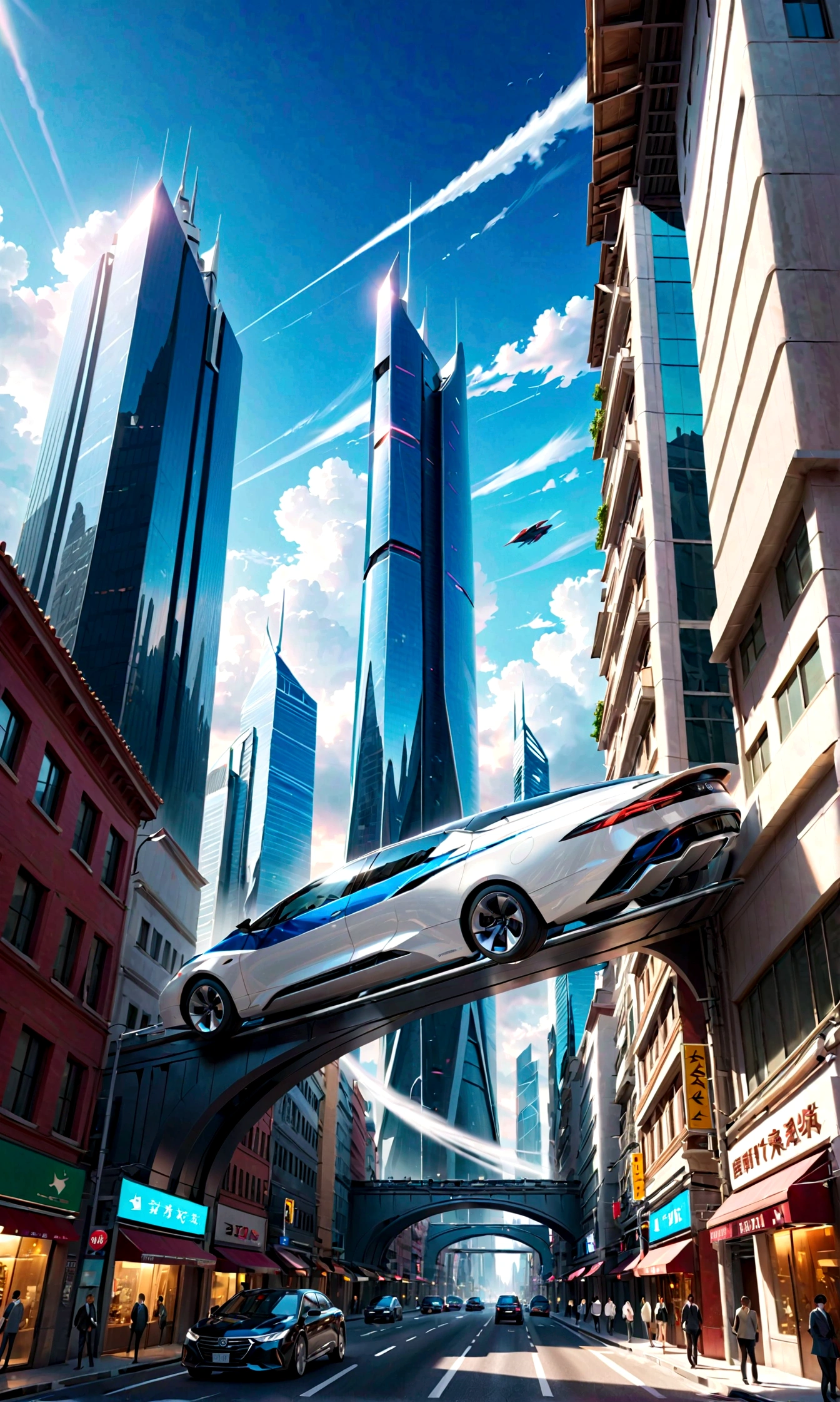 tower,fact,A futuristic city scene filled with incredible technological wonders. Skyscrapers rise above the clouds, With a stylish and modern design. Streamlined blending, bending, Engineered architectural structures using reflective materials and glass curtain walls create fascinating futuristic landscapes. on the street, Amazing floating transport vehicle glides at high speeds, Such as flying cars or maglev trains, Exudes a high-tech look,Flying in the urban airspace style:photography
