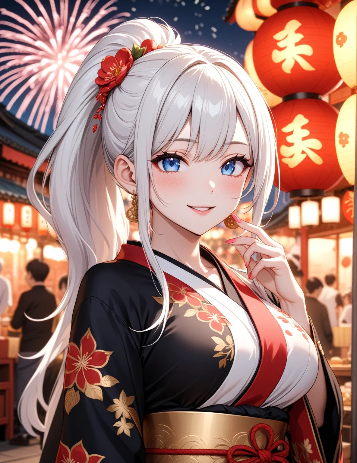 ((one personの女性)), Beautiful Face,Laugh shyly,((Wink:1.7)),Laughing with your mouth open,turn bright red,Glossy pink lips,night,Shrine festival stalls,firework,((Anime style background)),masterpiece, highest quality, so beautiful, up to date, Complex details, (Pink long nails),AI-generated, Complex,High resolution, highest quality, super high quality,3D Images、Looking into the distance、3D Images,one person,Long white hair,High Ponytail,blue eyes,Anime woman posing for a photo, [[Fine grain、Colorful eyes、Shining Eyes:1.15]],(Squint your eyes:1.1),a hyperRealistic , hyperRealistic , Realistic,Long haired white haired anime woman, Smooth anime CG art, A woman in a colorful kimono with gold embroidery, (Black kimono),Red floral pattern,Long flower hair ornament,Big earrings,(Big Breasts:1.1),Mature Body,tall,Big Ass,Fine details,Tight waist,Abdominal muscles,(Face close-up:1.5),Tilt your face,Shooting from an angle