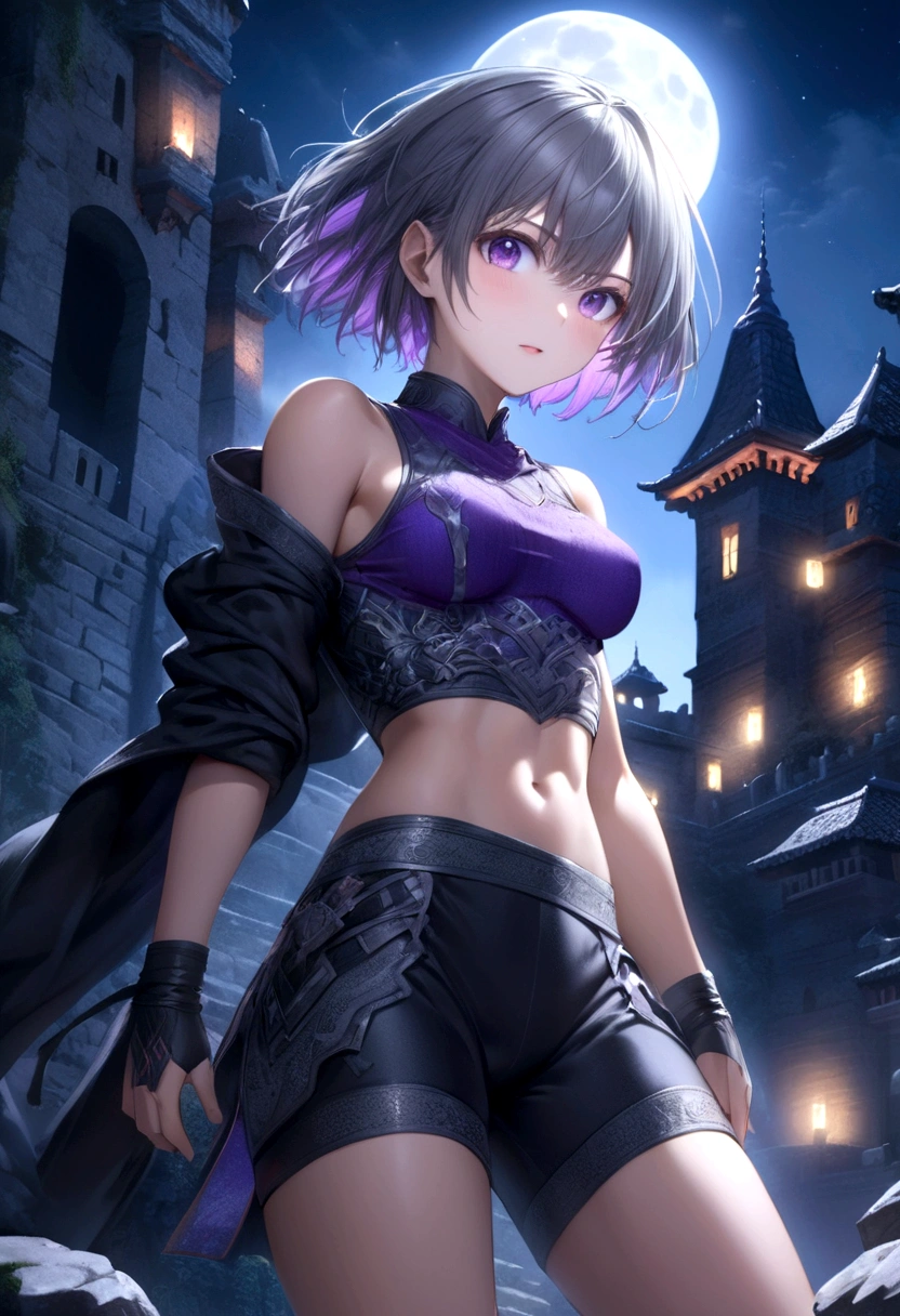 A beautiful goddess with fluffy silver messy short hair, captivating appearance, excited expression, purple eyes, slim athletic body, wearing a black ninja outfit with a short shirt, abs, and knee-length shorts, hiding in an ancient castle at night, moonlight, (best quality,16k,extremely detailed,incredibly detailed,vivid,dynamic,photorealistic:1.37),(delicate figure:1.3)