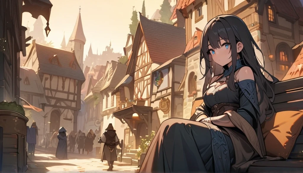 (masterpiece, highest quality:1.2), 1 girl, alone,Town,fantasy medieval,wizard.She's sitting on the bench.Warm background.She is looking in the distance.Beautiful eyes.She is an adventurer.