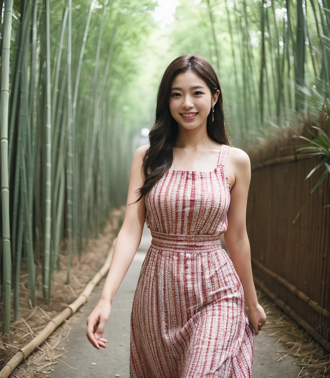 ((highest quality、8k、masterpiece:1.3))、Photorealistic, Sharp focus, high resolution, High resolution, Portraiture, alone, Japanese,  Beautiful woman, 26 years old、Big Breasts、Crimson casual dress、Photograph the whole body、(Walking through a bamboo forest)、smile
